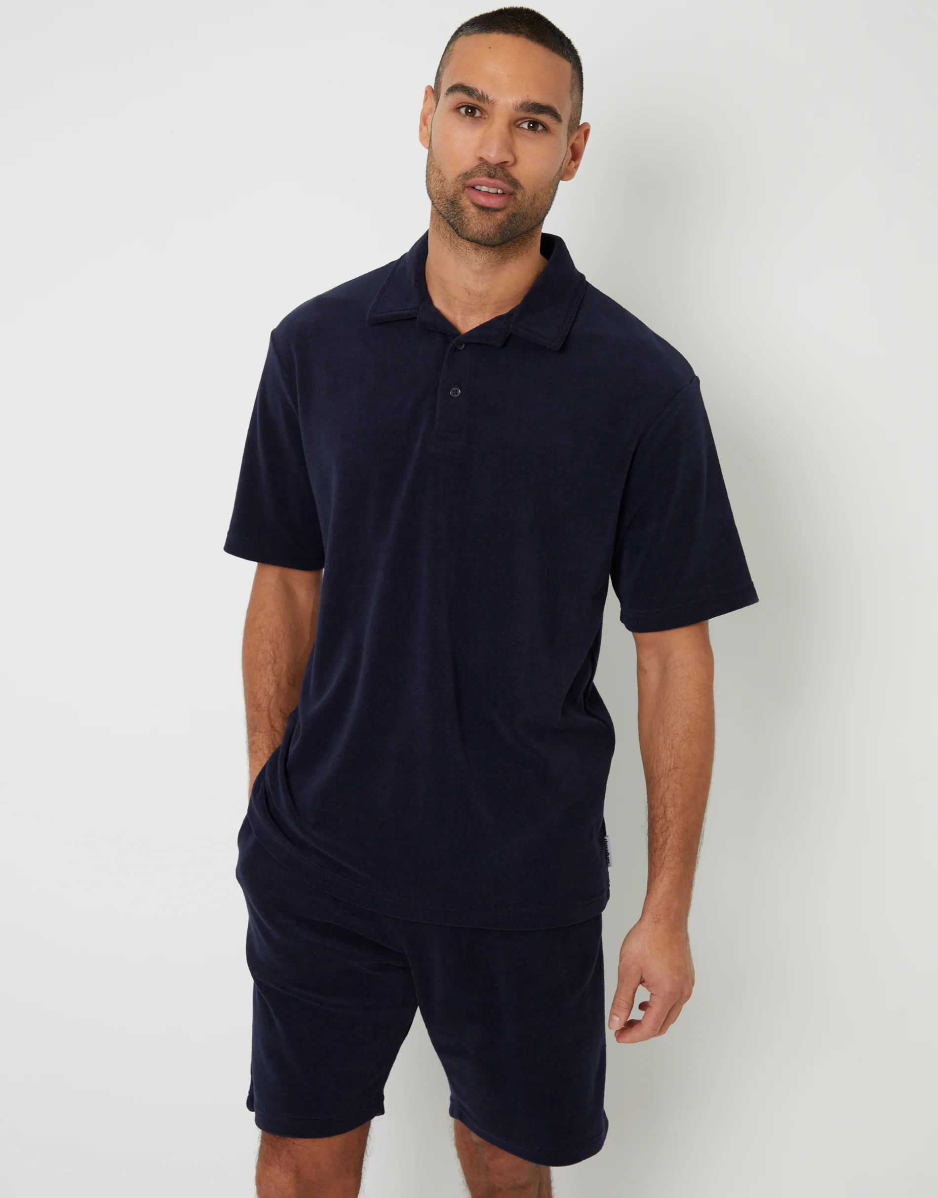 Towelling Revere Collar Polo Shirt in Navy