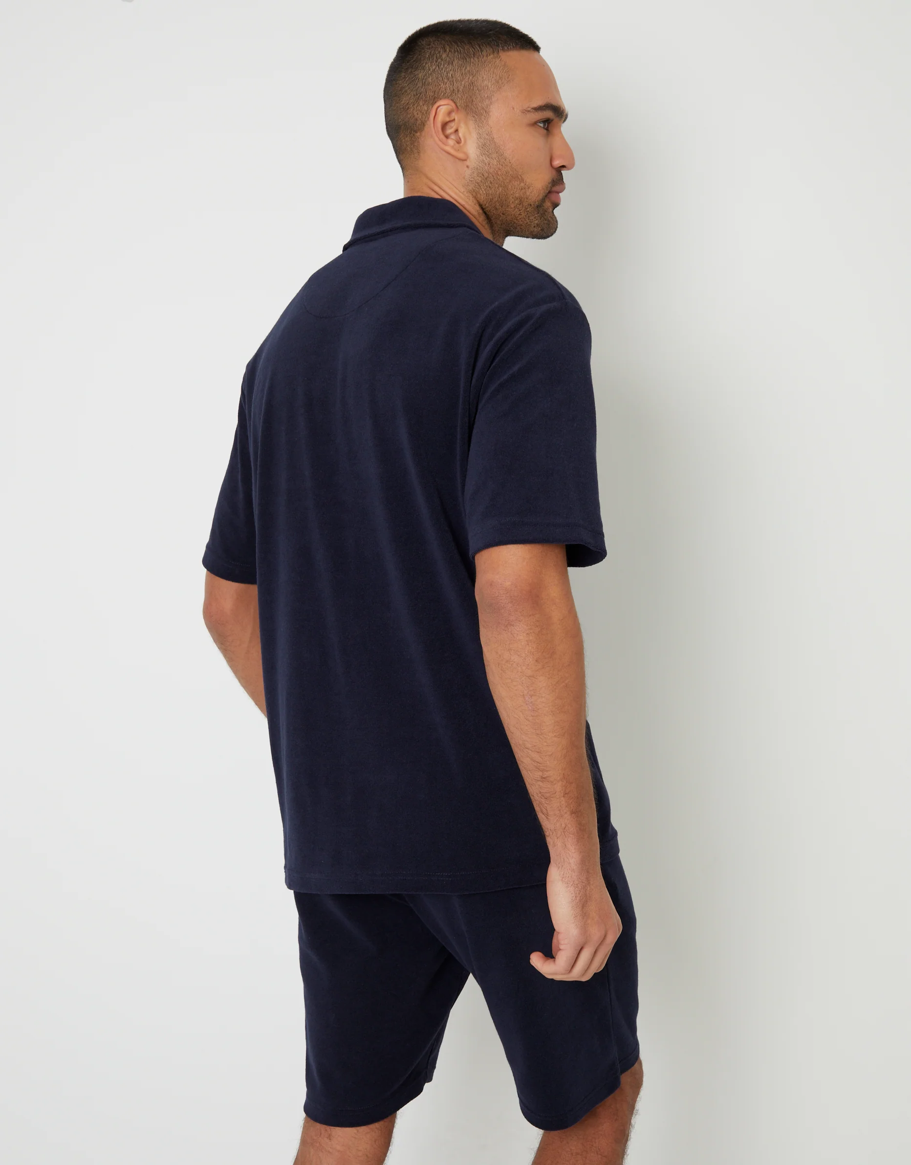 Towelling Revere Collar Polo Shirt in Navy - Image 2
