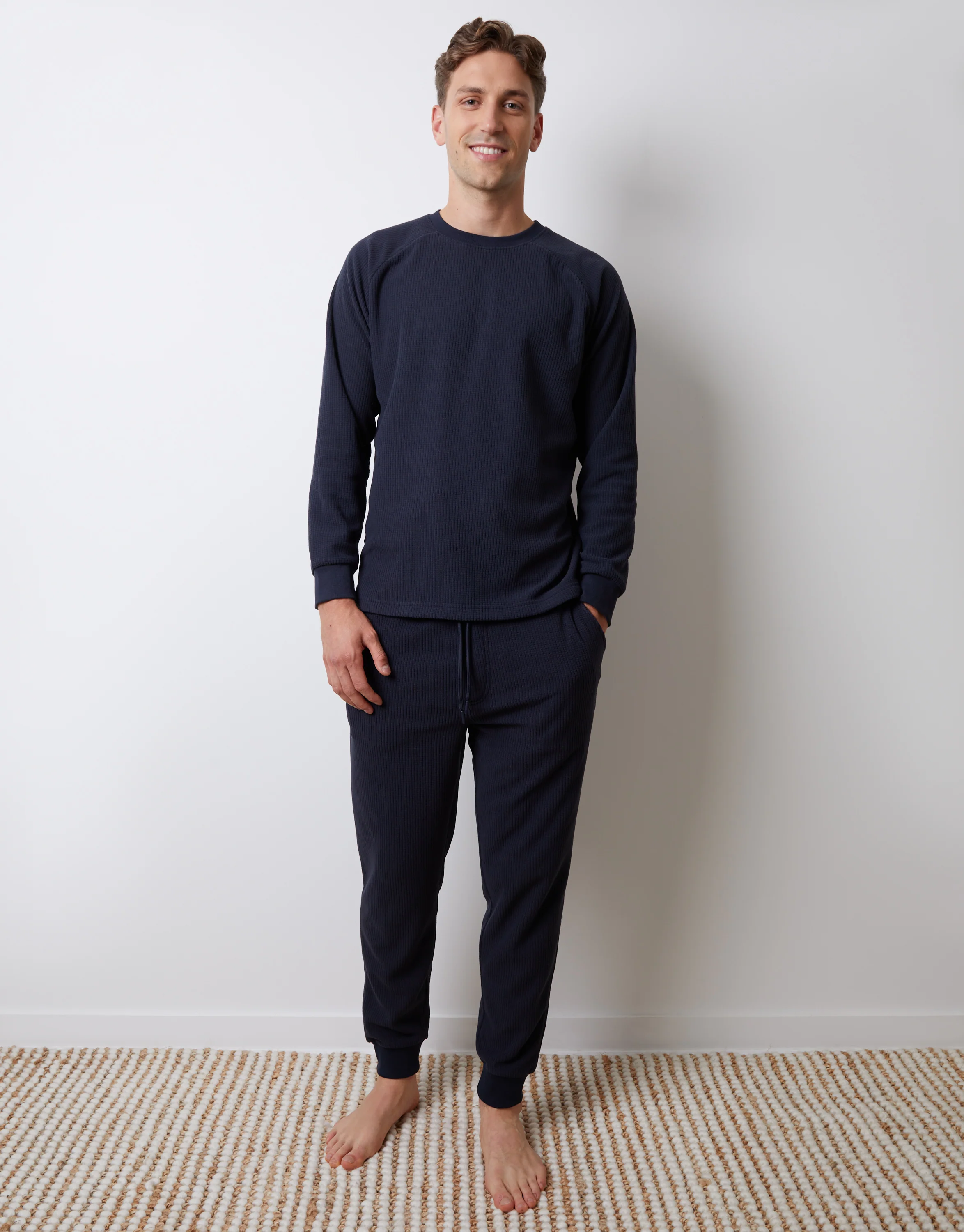 Waffle Textured Fleece Loungewear Set in Navy - Image 4
