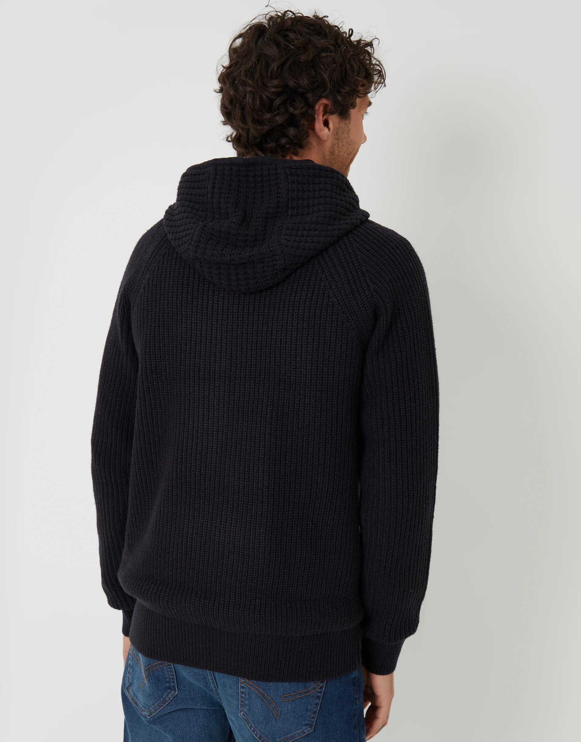 Zip Up Knitted Microfleece Lined Hoodie in Navy - Image 2
