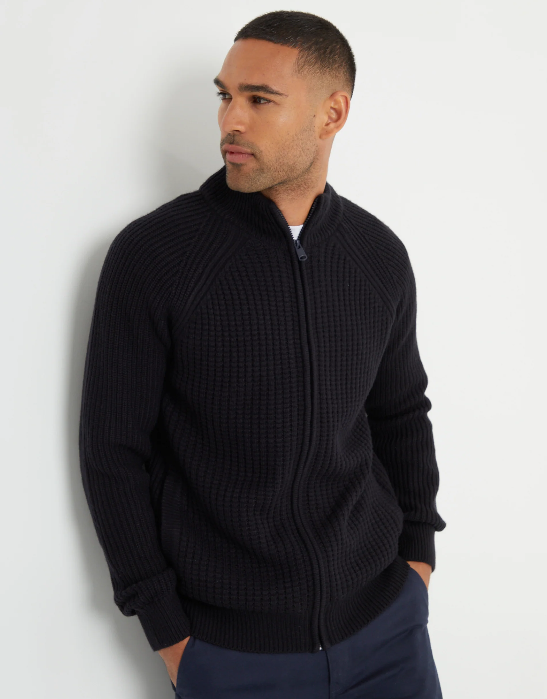 Zip Up Microfleece Lined Cardigan in Navy