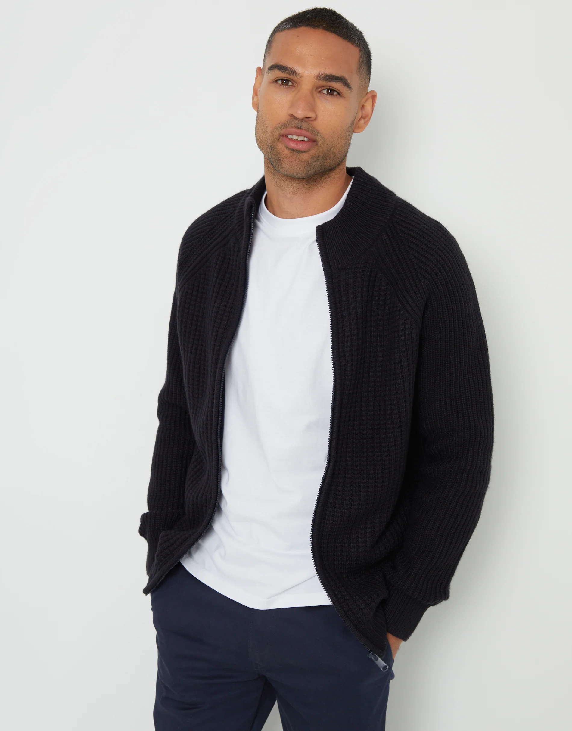 Zip Up Microfleece Lined Cardigan in Navy - Image 3