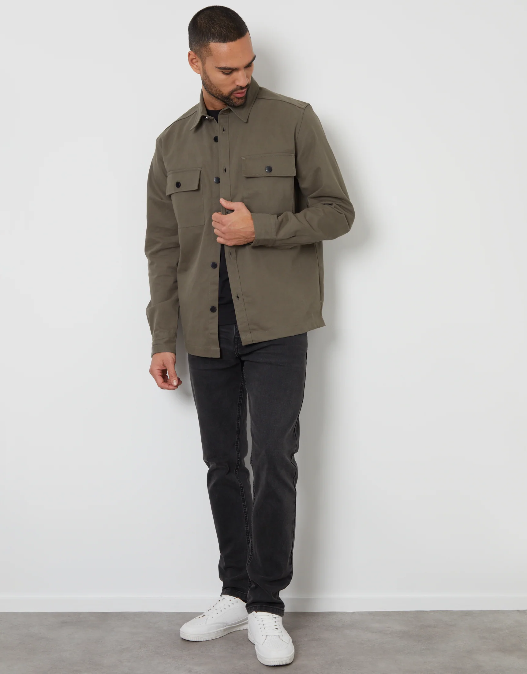 Relaxed Fit Cotton Twill Button Up Shacket in Olive Green - Image 3
