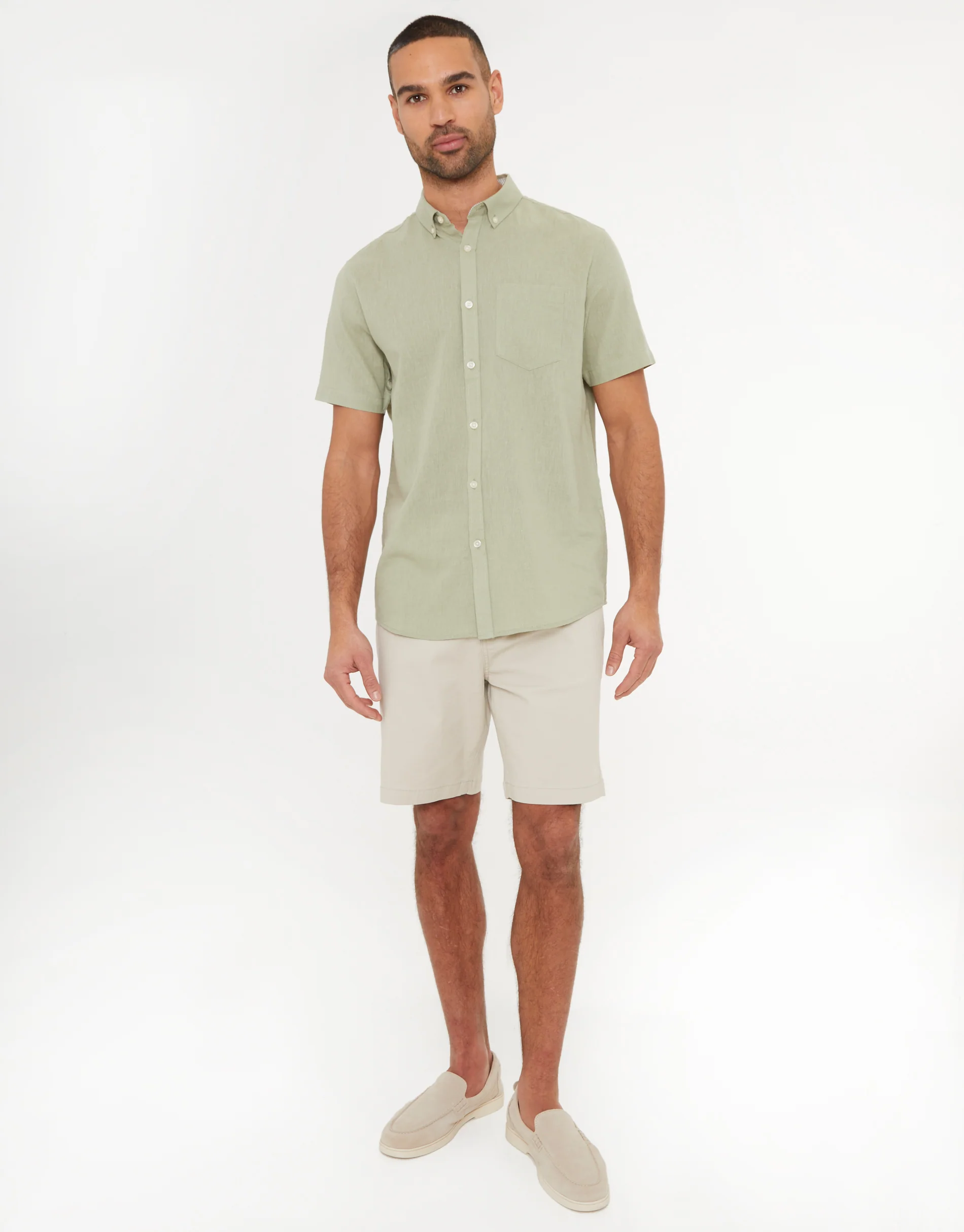 Short Sleeve Linen Blend Shirt in Olive Green - Image 3