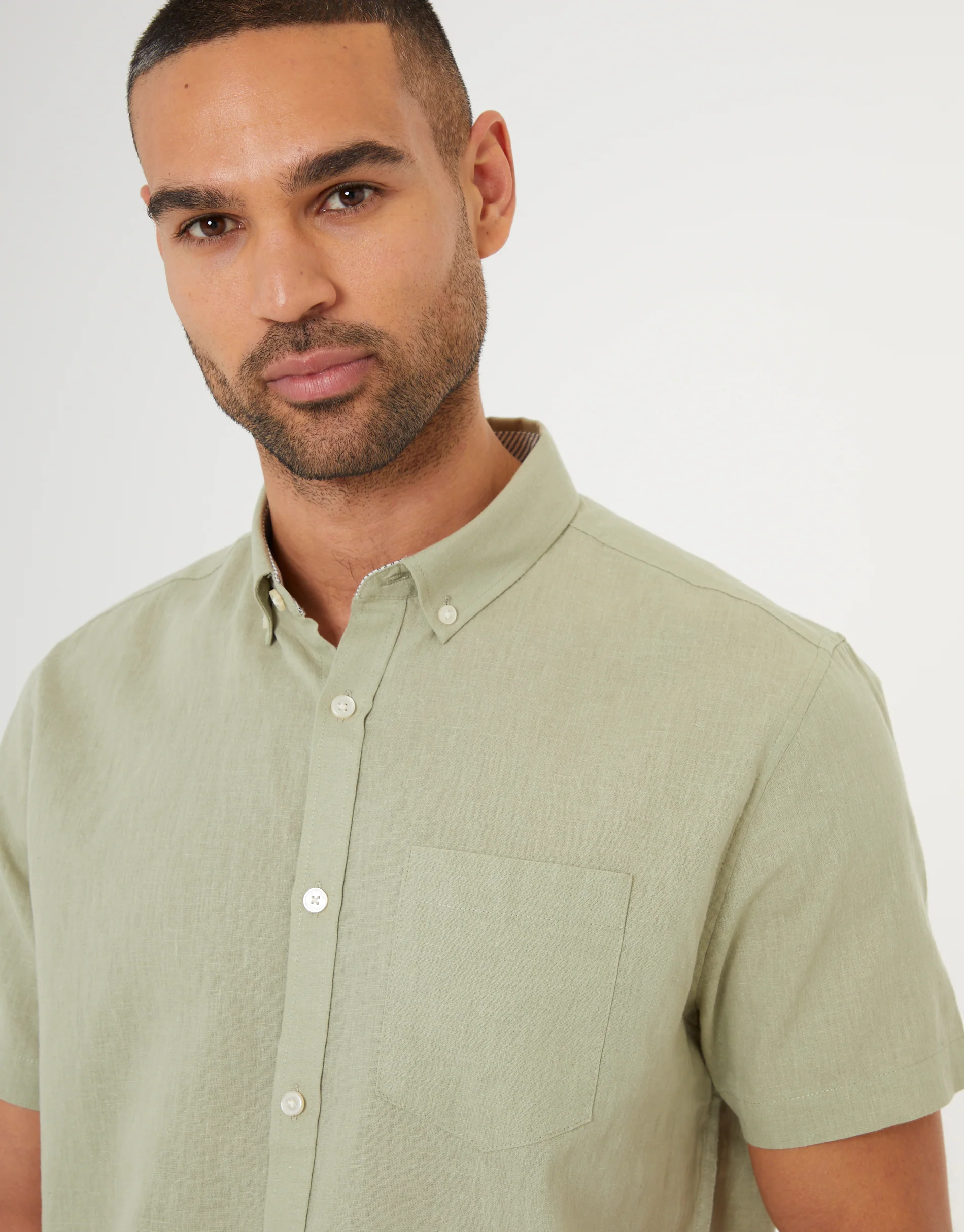 Short Sleeve Linen Blend Shirt in Olive Green - Image 4