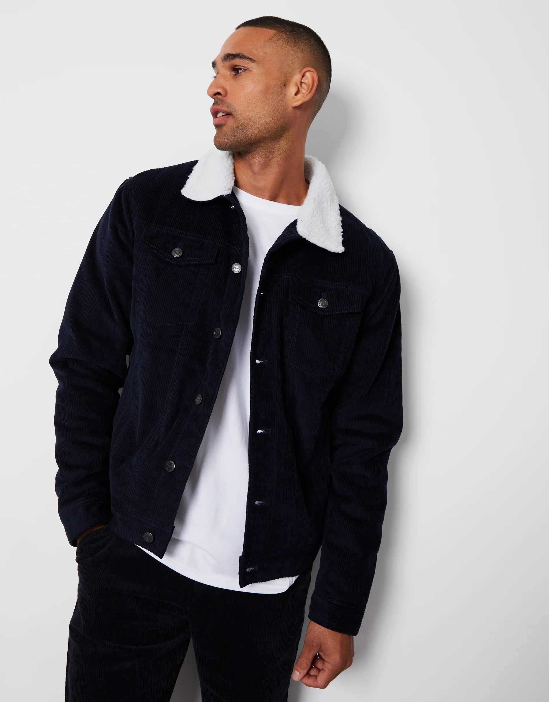 Borg Lined Corduroy Jacket in Navy