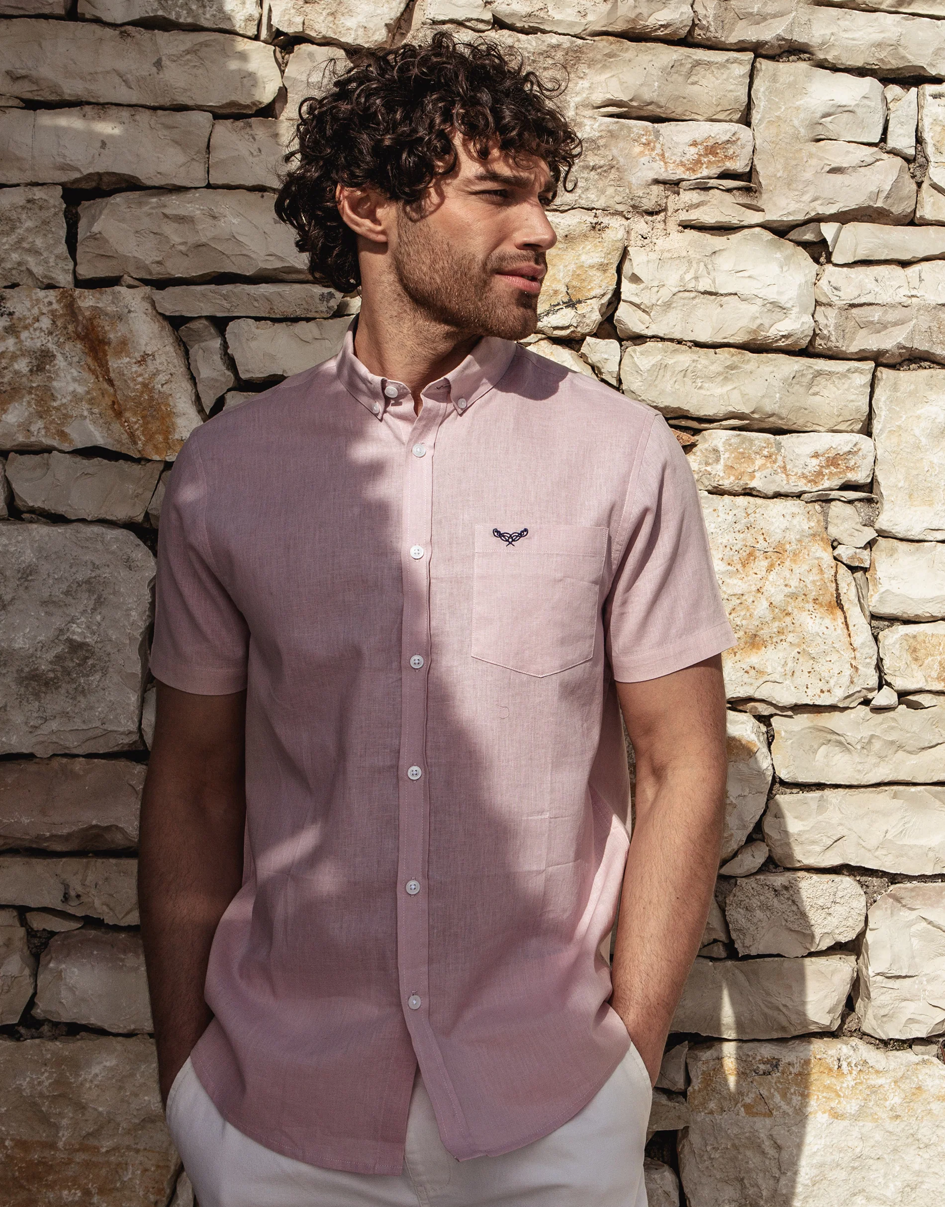 Short Sleeve Linen Blend Shirt in Pink