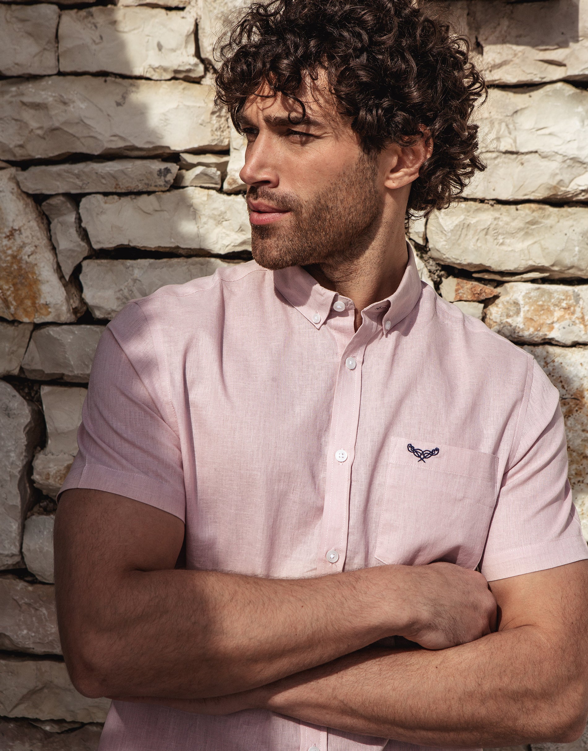 Short Sleeve Linen Blend Shirt in Pink - Image 4
