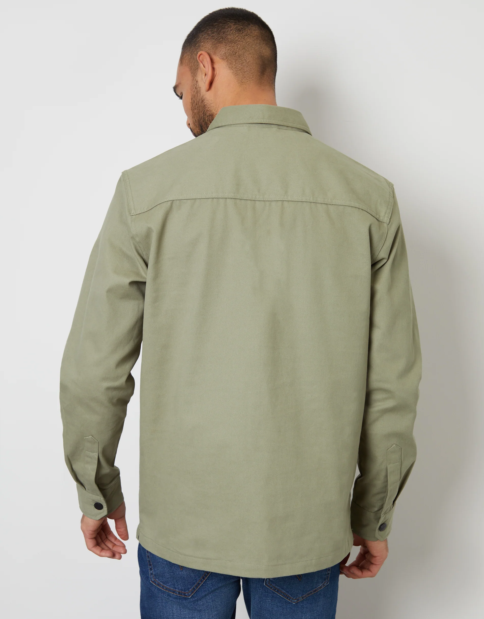 Relaxed Fit Cotton Twill Button Up Shacket in Sage Green - Image 2