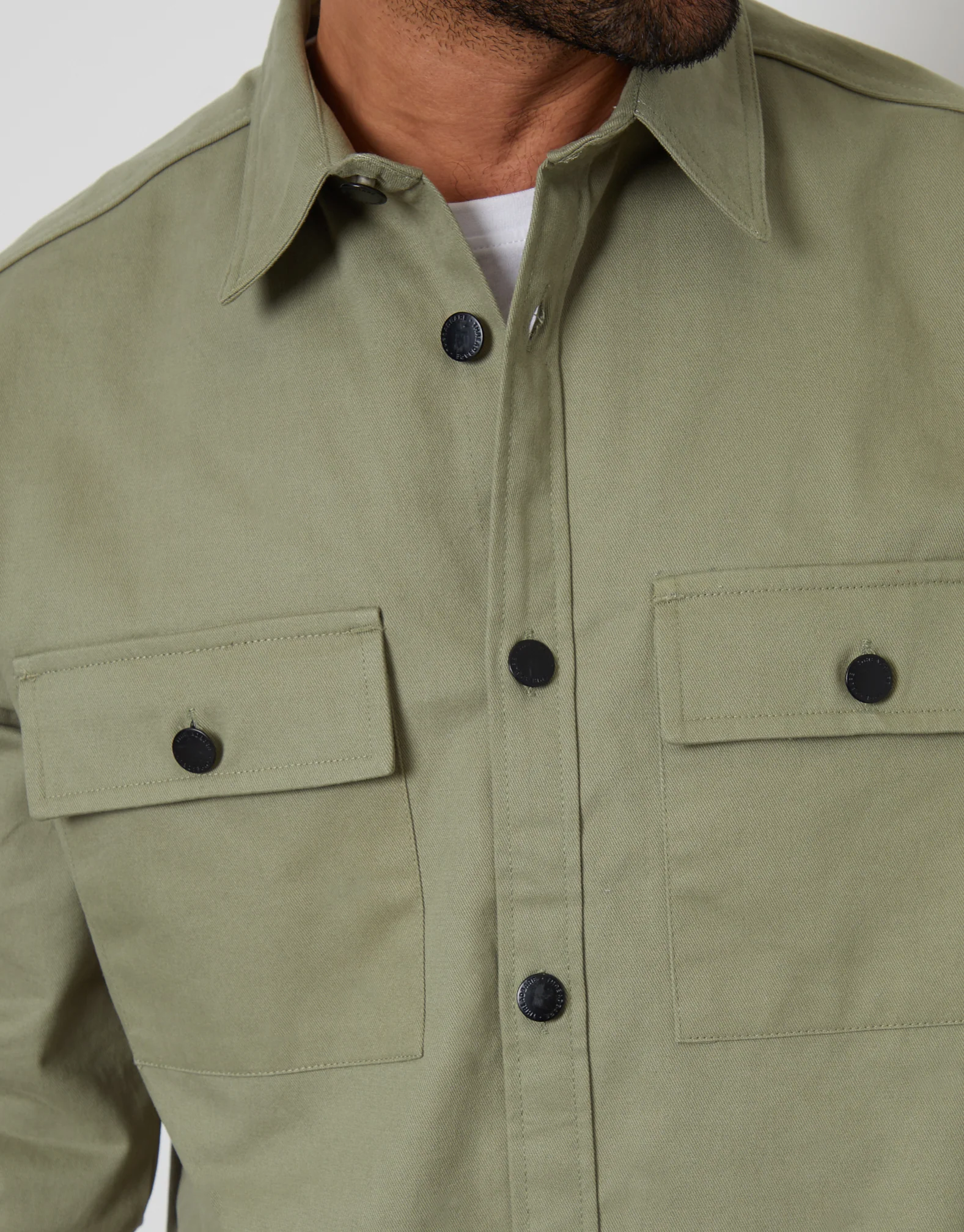 Relaxed Fit Cotton Twill Button Up Shacket in Sage Green - Image 4