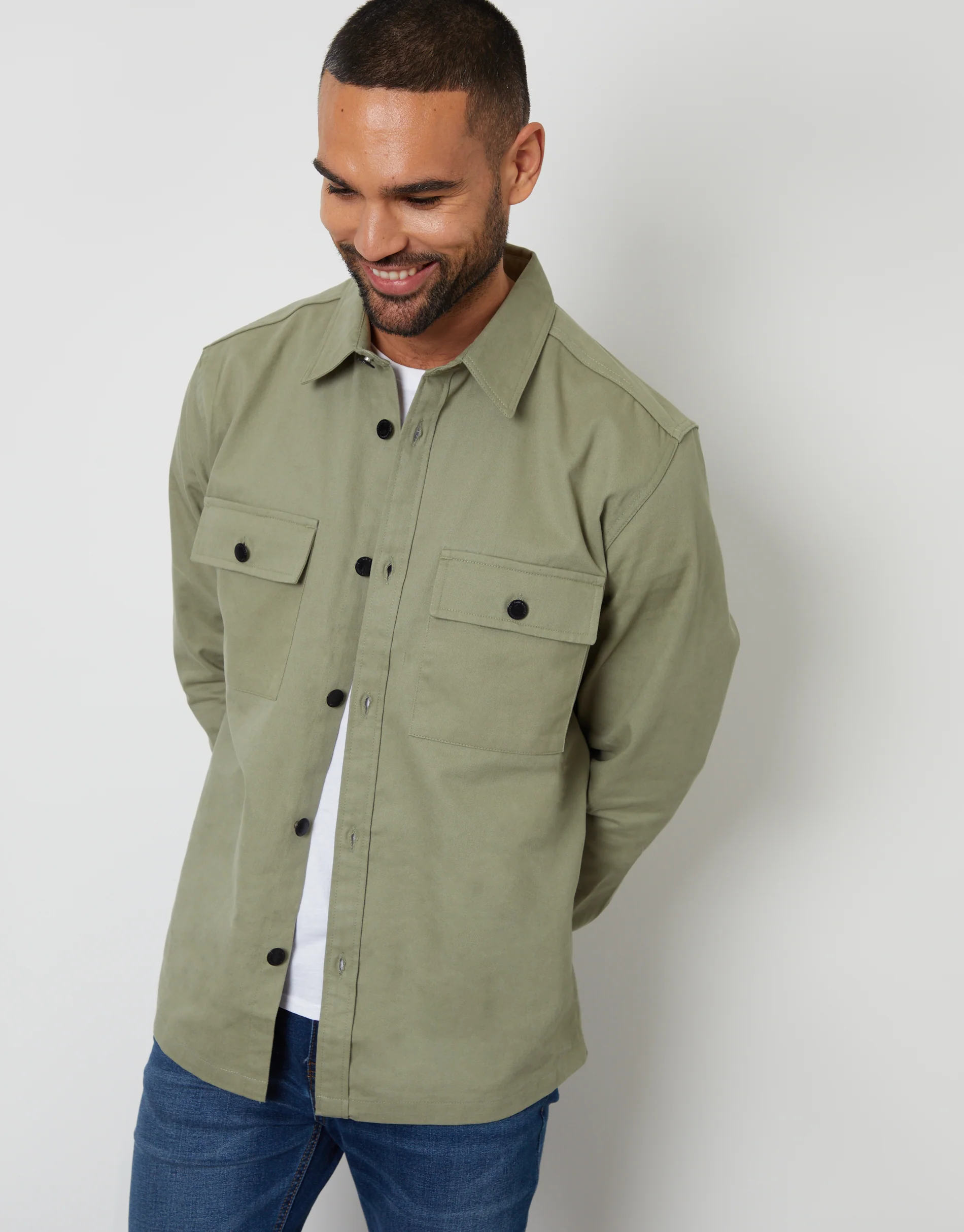 Relaxed Fit Cotton Twill Button Up Shacket in Sage Green - Image 5