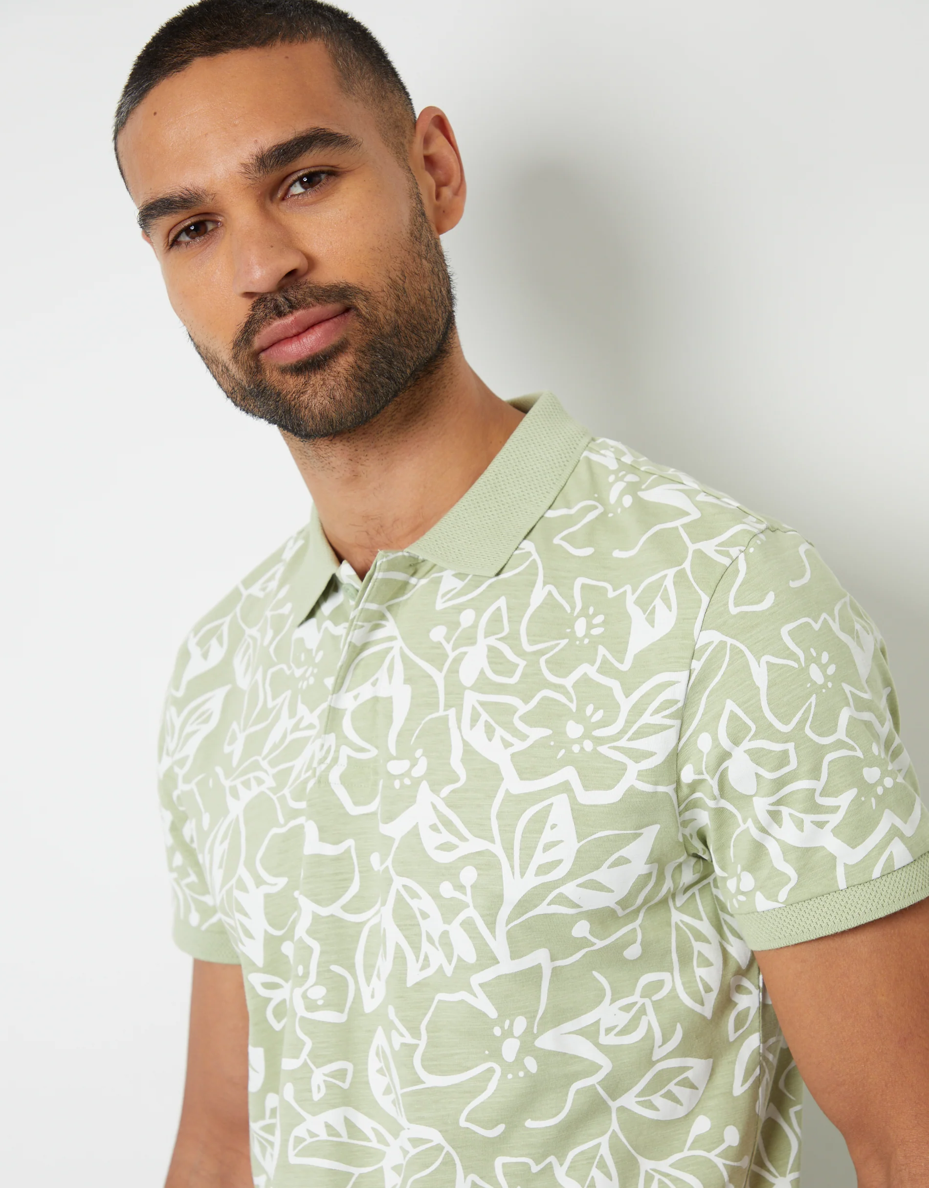 Floral Print Hidden Placket Polo Shirt in Sage Green