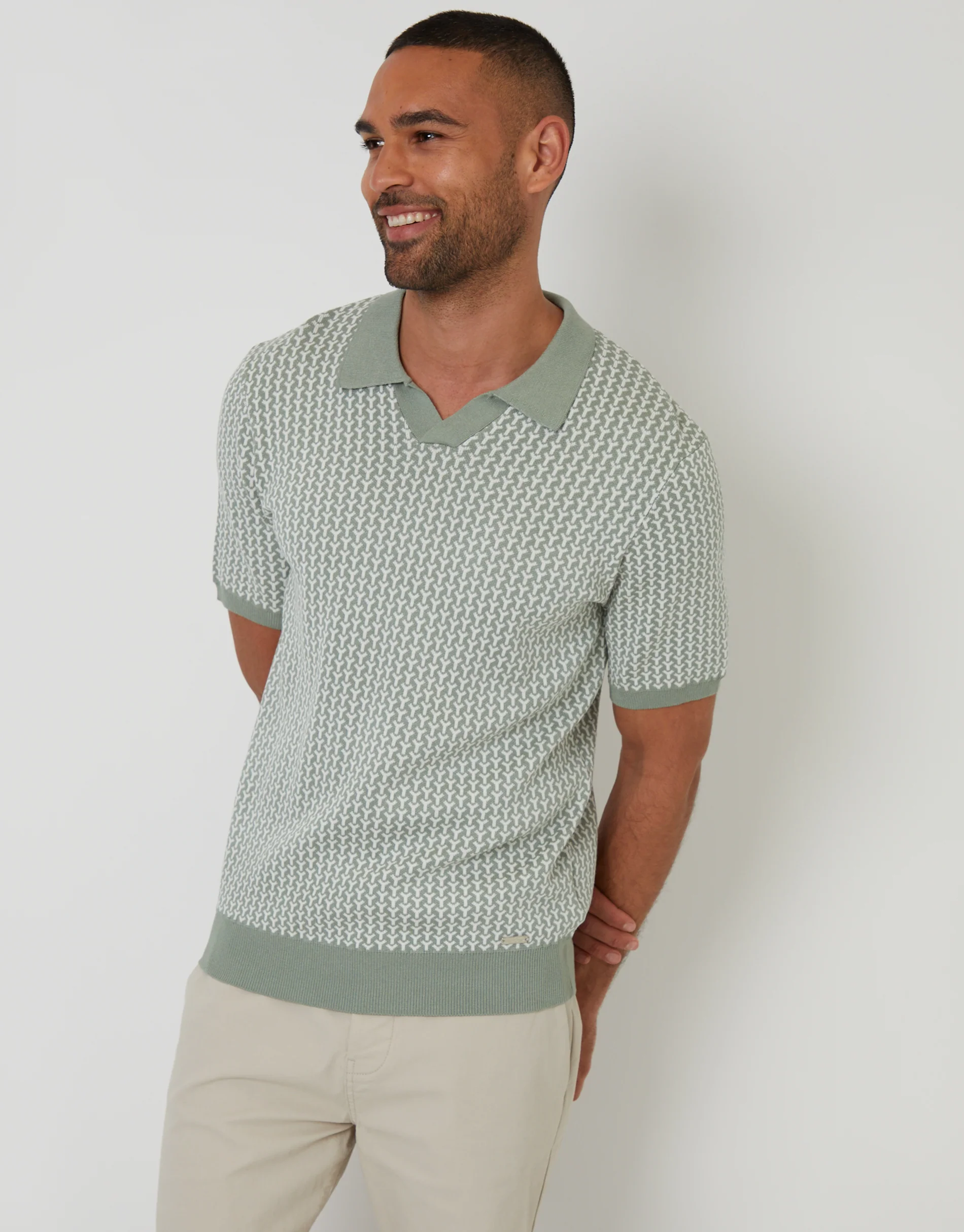 Jacquard Geo Trophy Neck Knitted Polo in Sage Green
