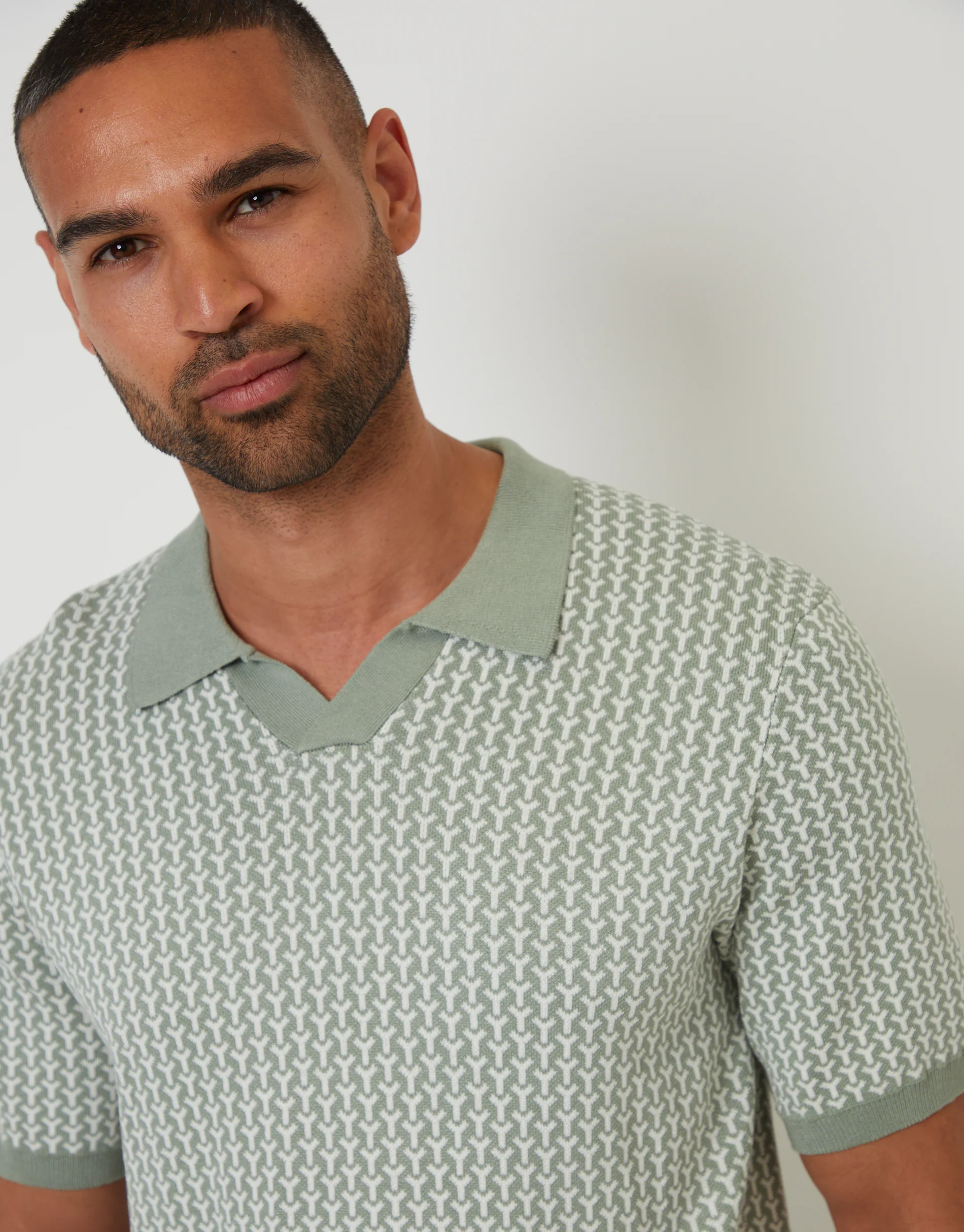 Jacquard Geo Trophy Neck Knitted Polo in Sage Green - Image 4
