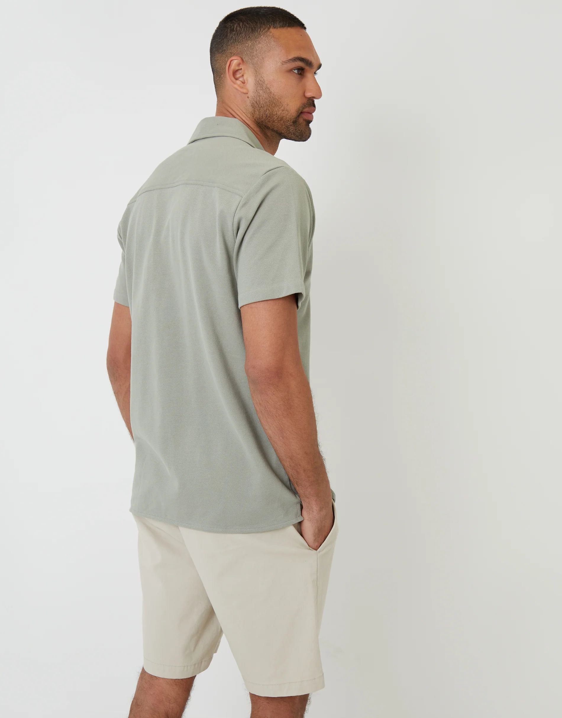Jersey Pique Revere Collar Short Sleeve Shirt in Sage Green - Image 2