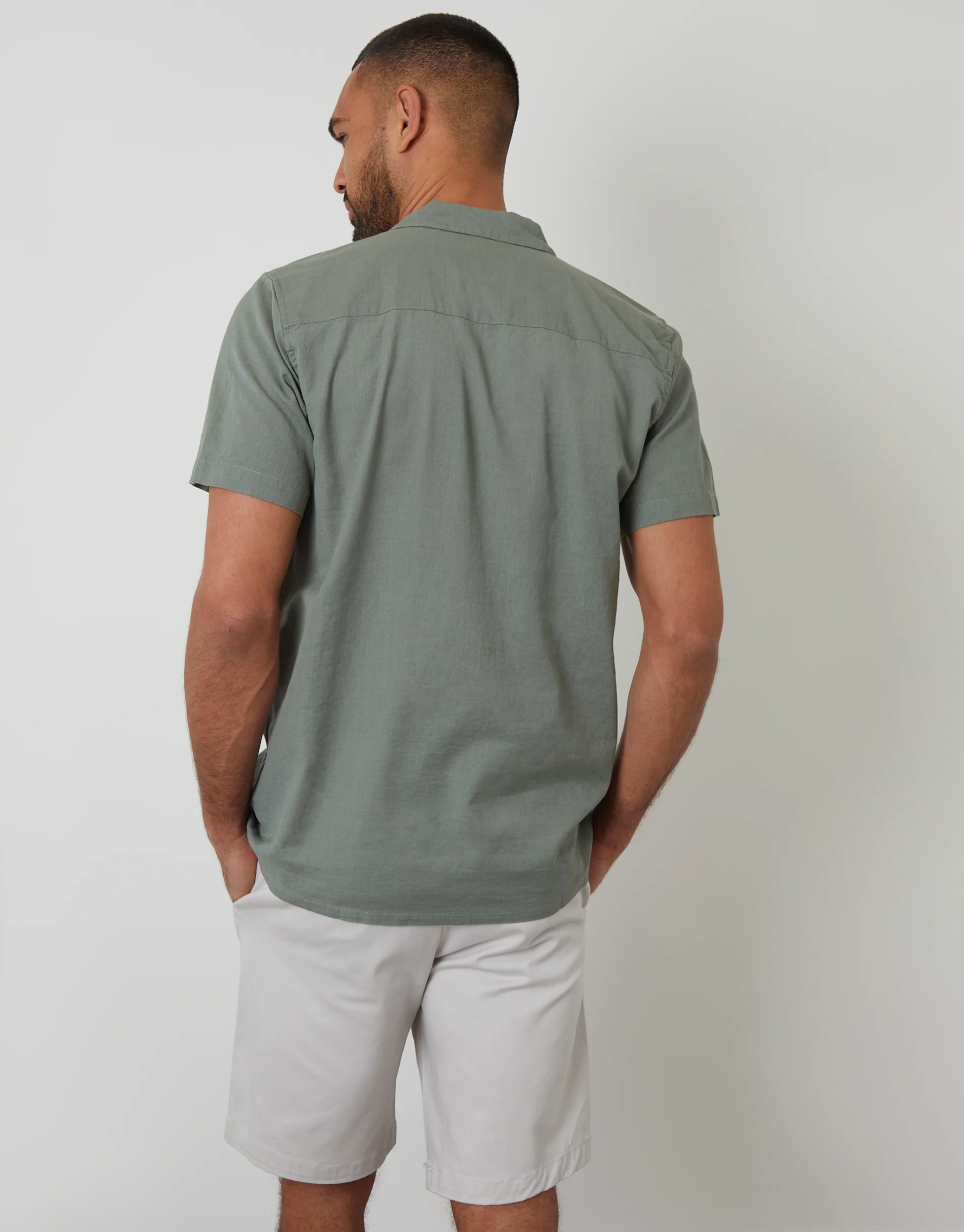 Linen Blend Palm Embroidered Short Sleeve Shirt in Sage Green - Image 2