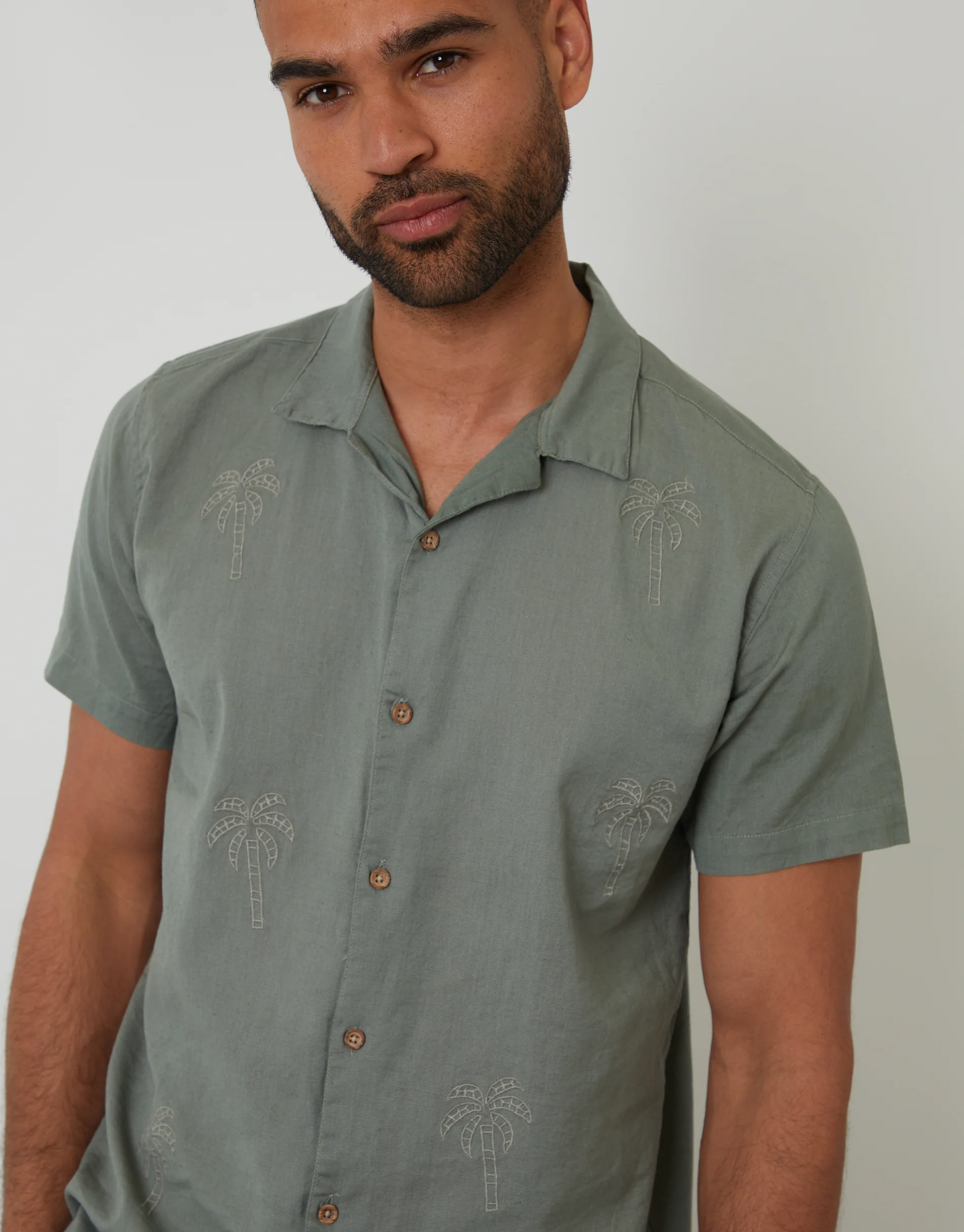 Linen Blend Palm Embroidered Short Sleeve Shirt in Sage Green - Image 4