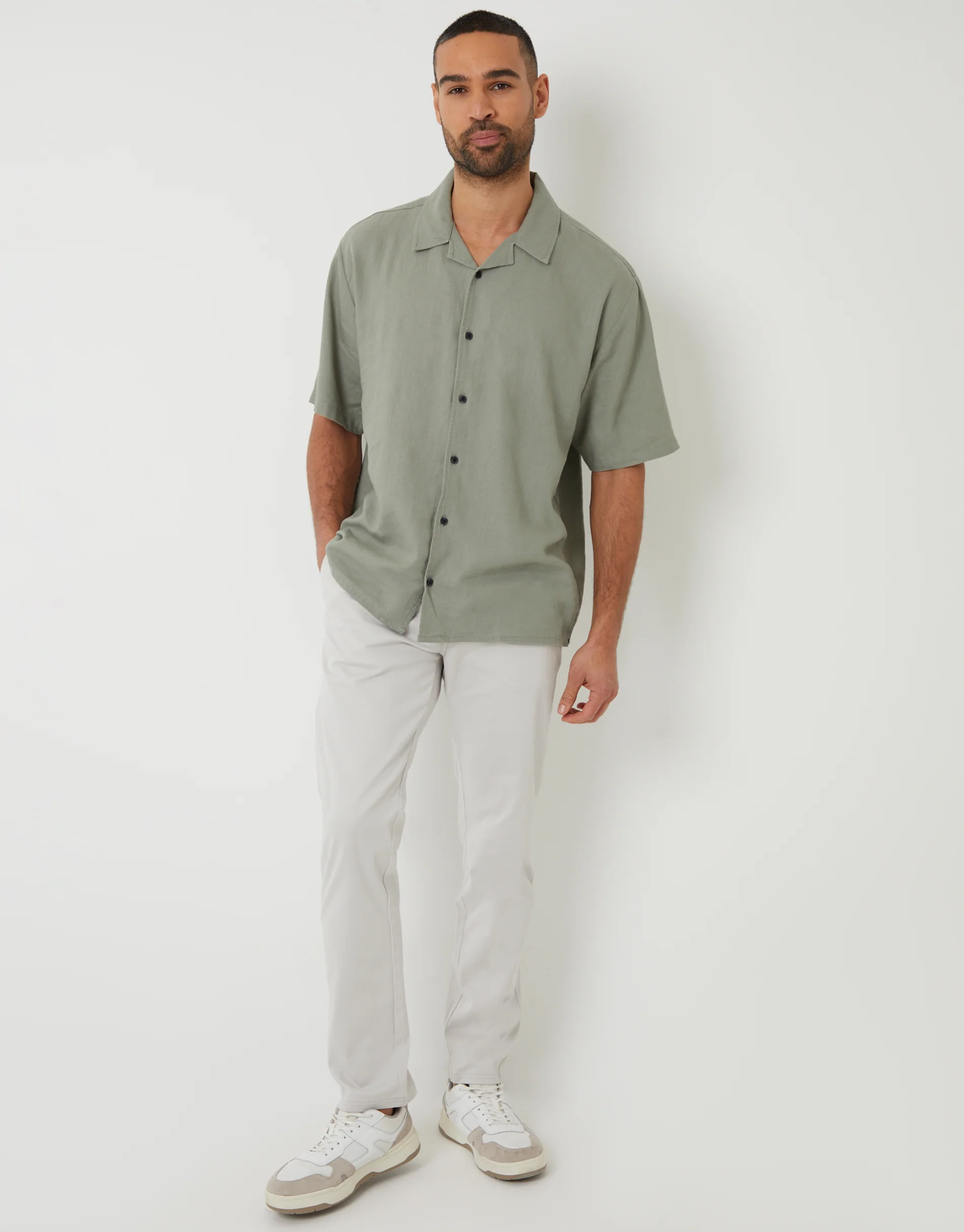 Relaxed Fit Linen Blend Revere Collar Short Sleeve Shirt in Sage Green - Image 3