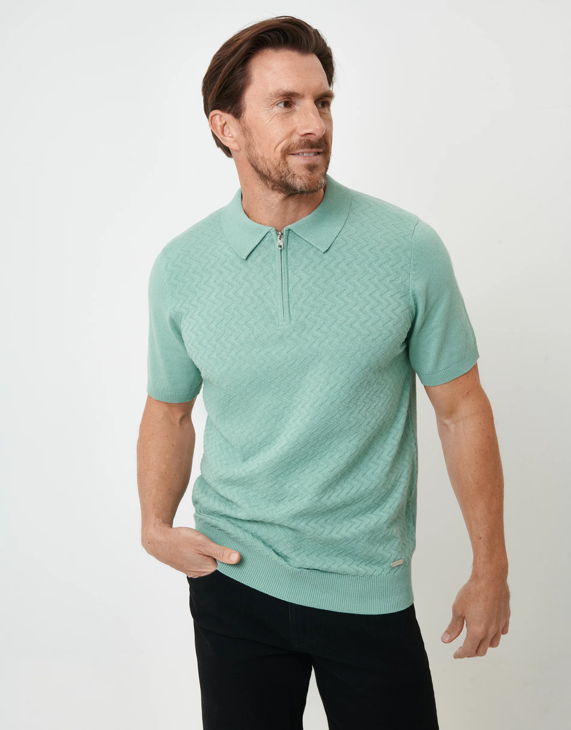 Textured Front Quarter Zip Knitted Polo in Sage Green