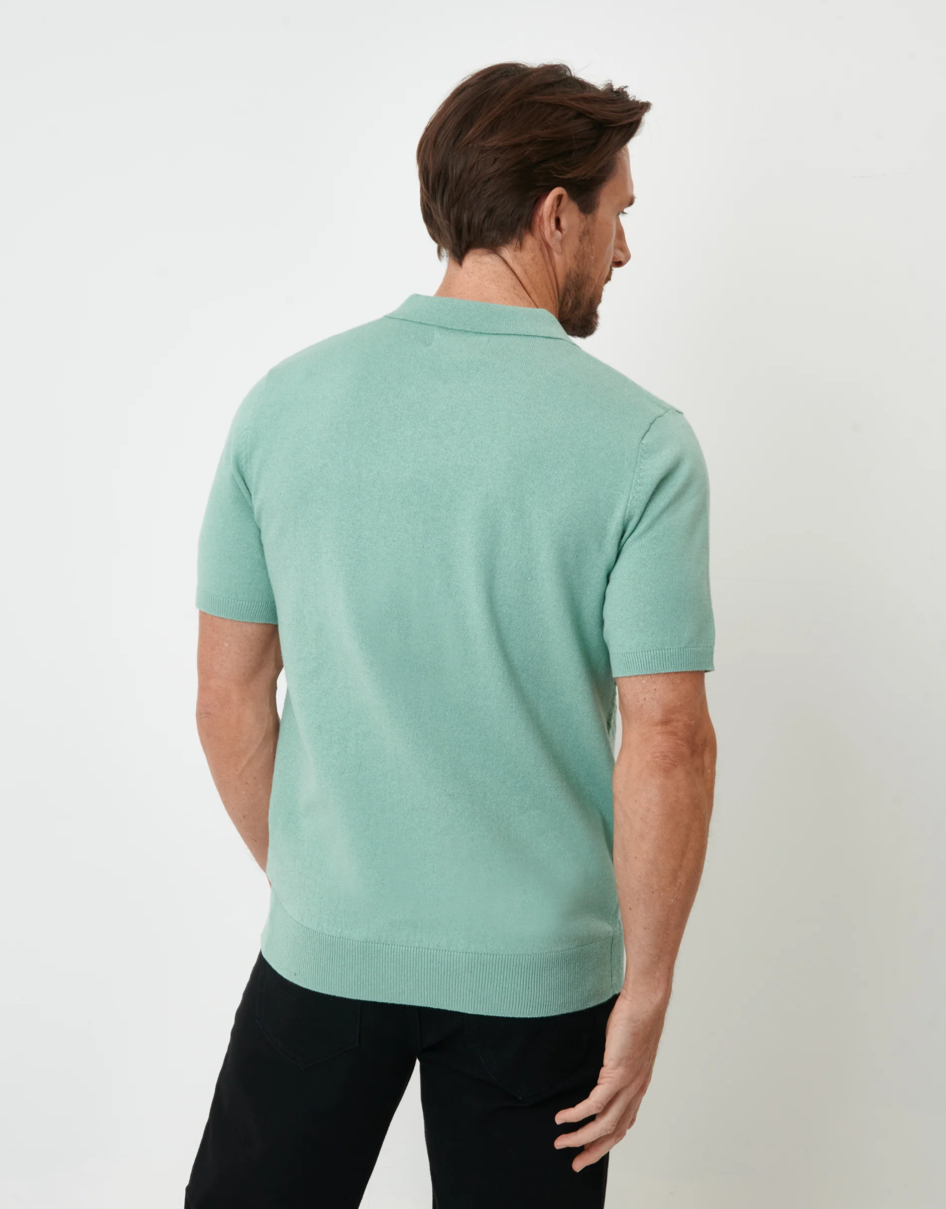 Textured Front Quarter Zip Knitted Polo in Sage Green - Image 2