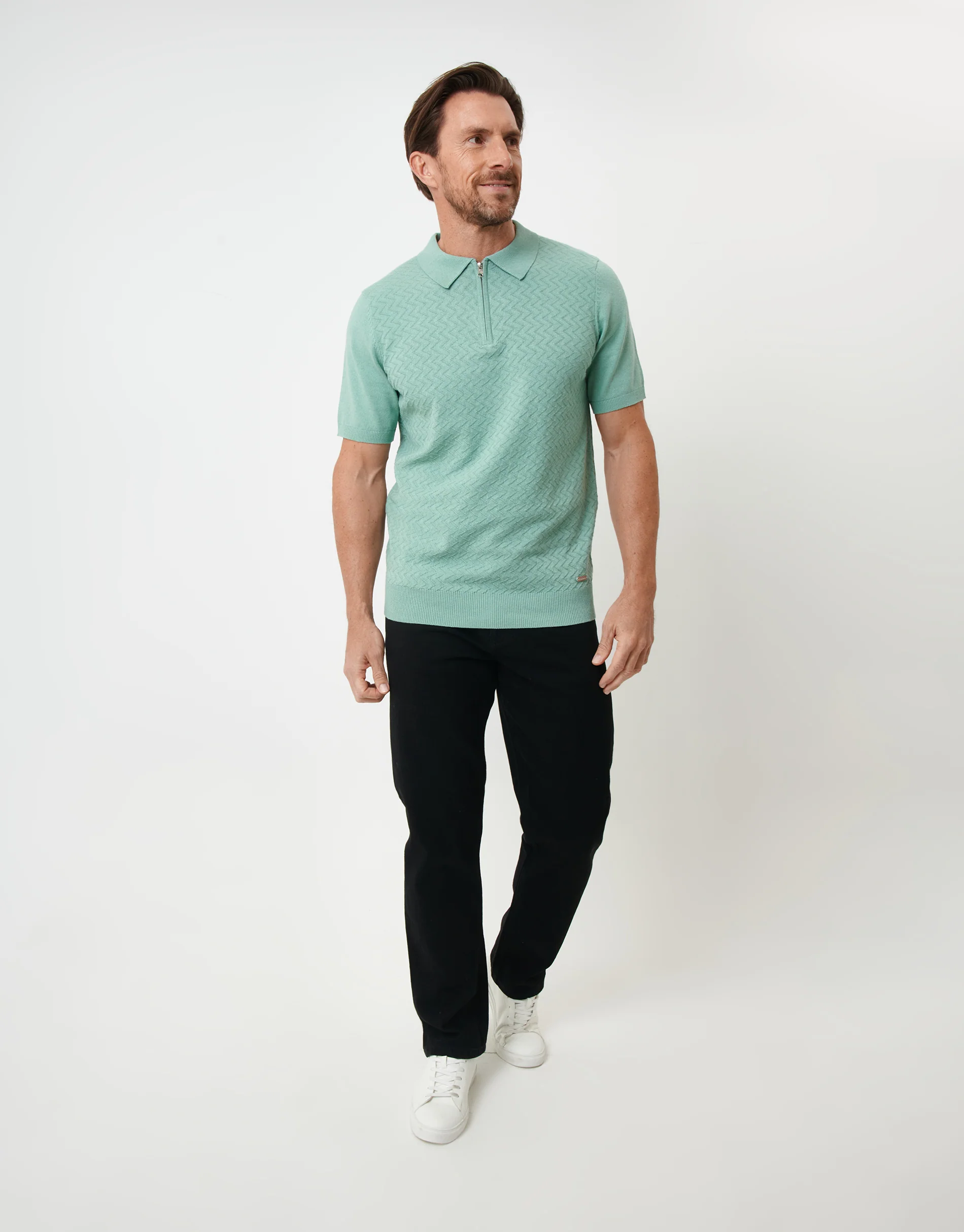 Textured Front Quarter Zip Knitted Polo in Sage Green - Image 3