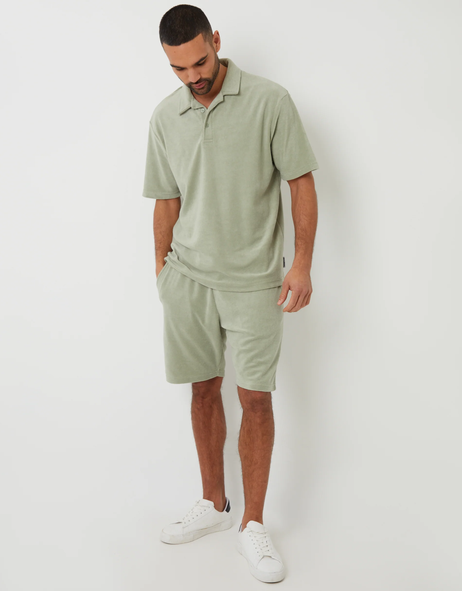 Towelling Revere Collar Polo Shirt in Sage Green - Image 3
