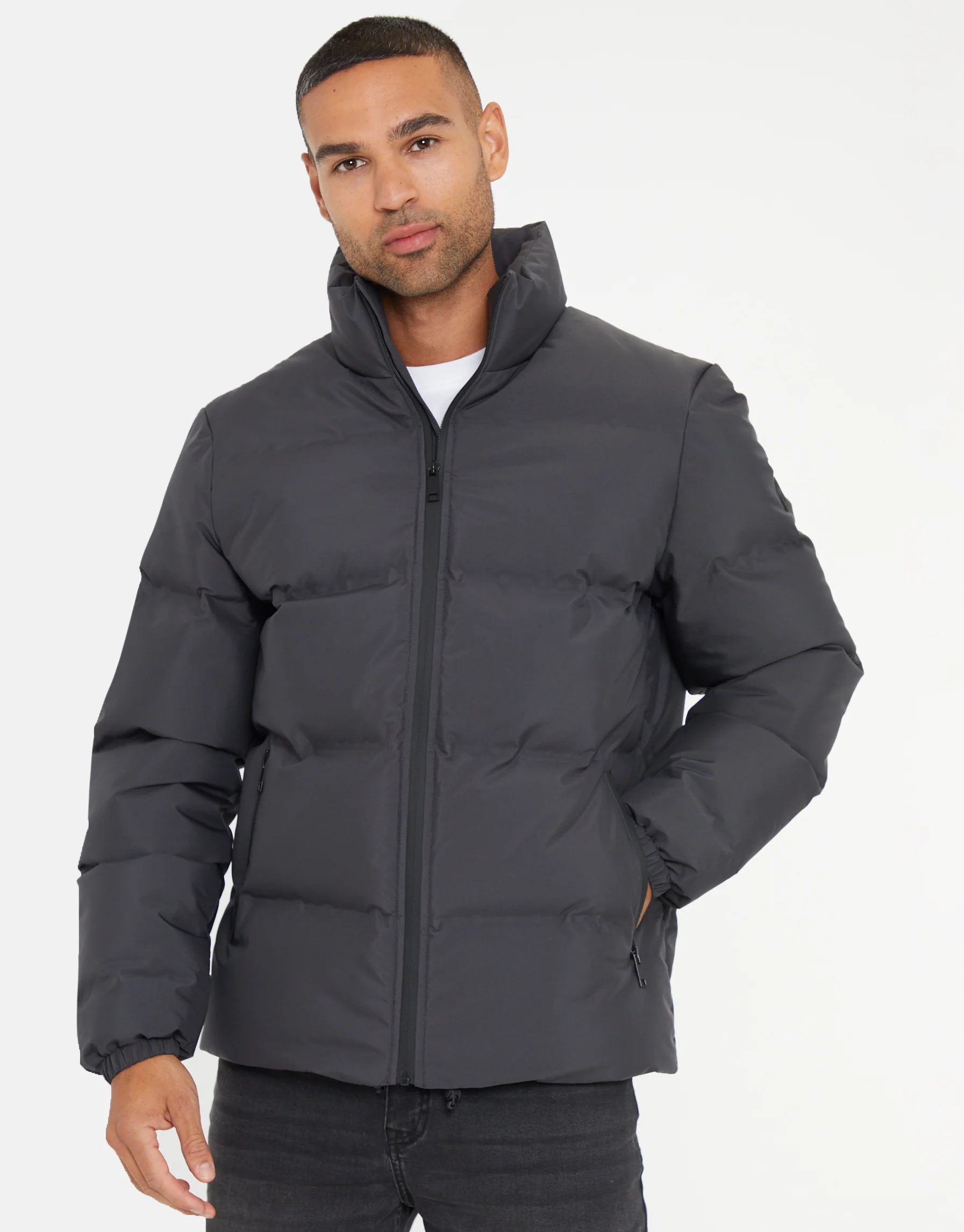 Funnel Neck Puffer Jacket in Slate Grey - Image 5