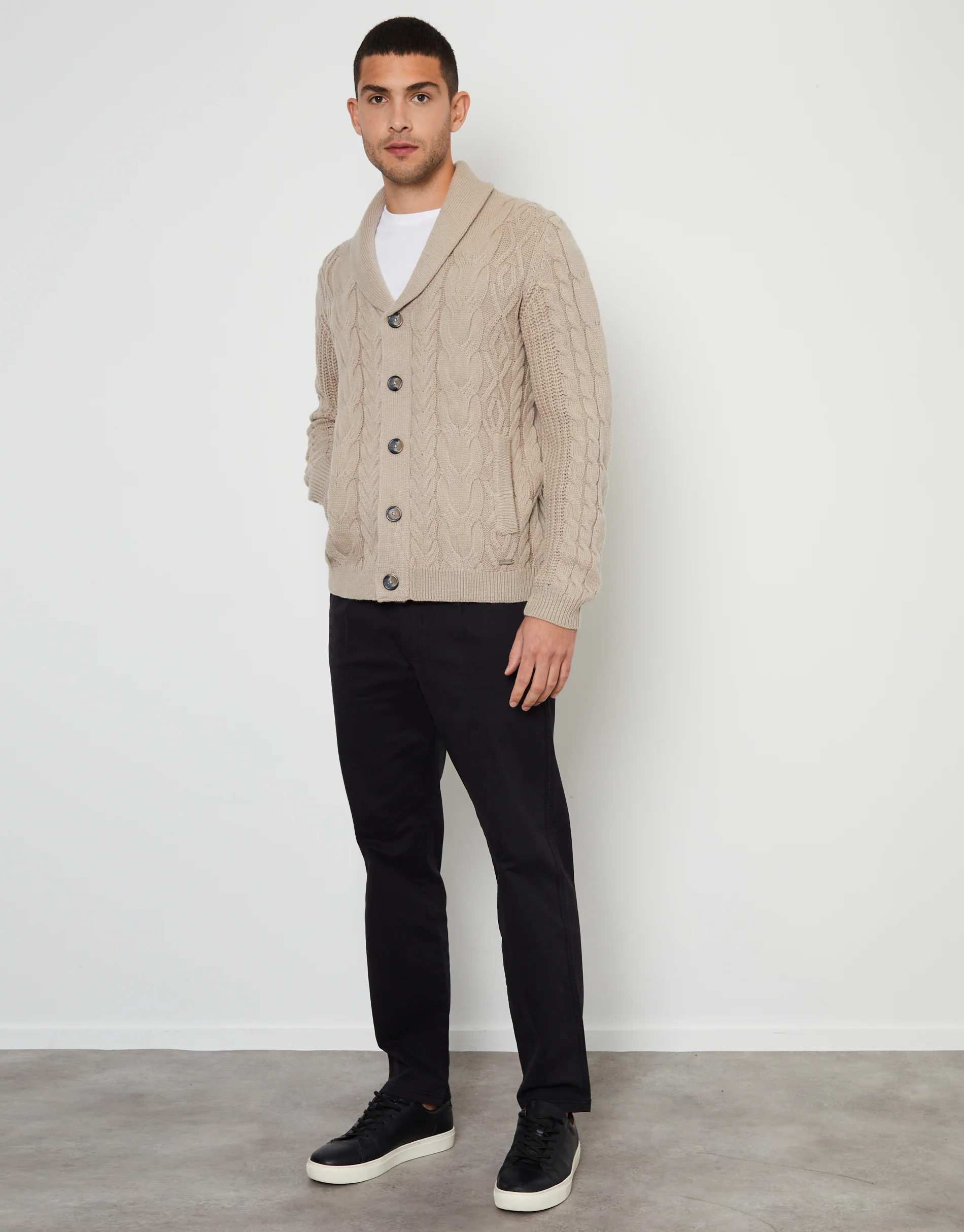 Cable Knit Shawl Cardigan in Stone - Image 3
