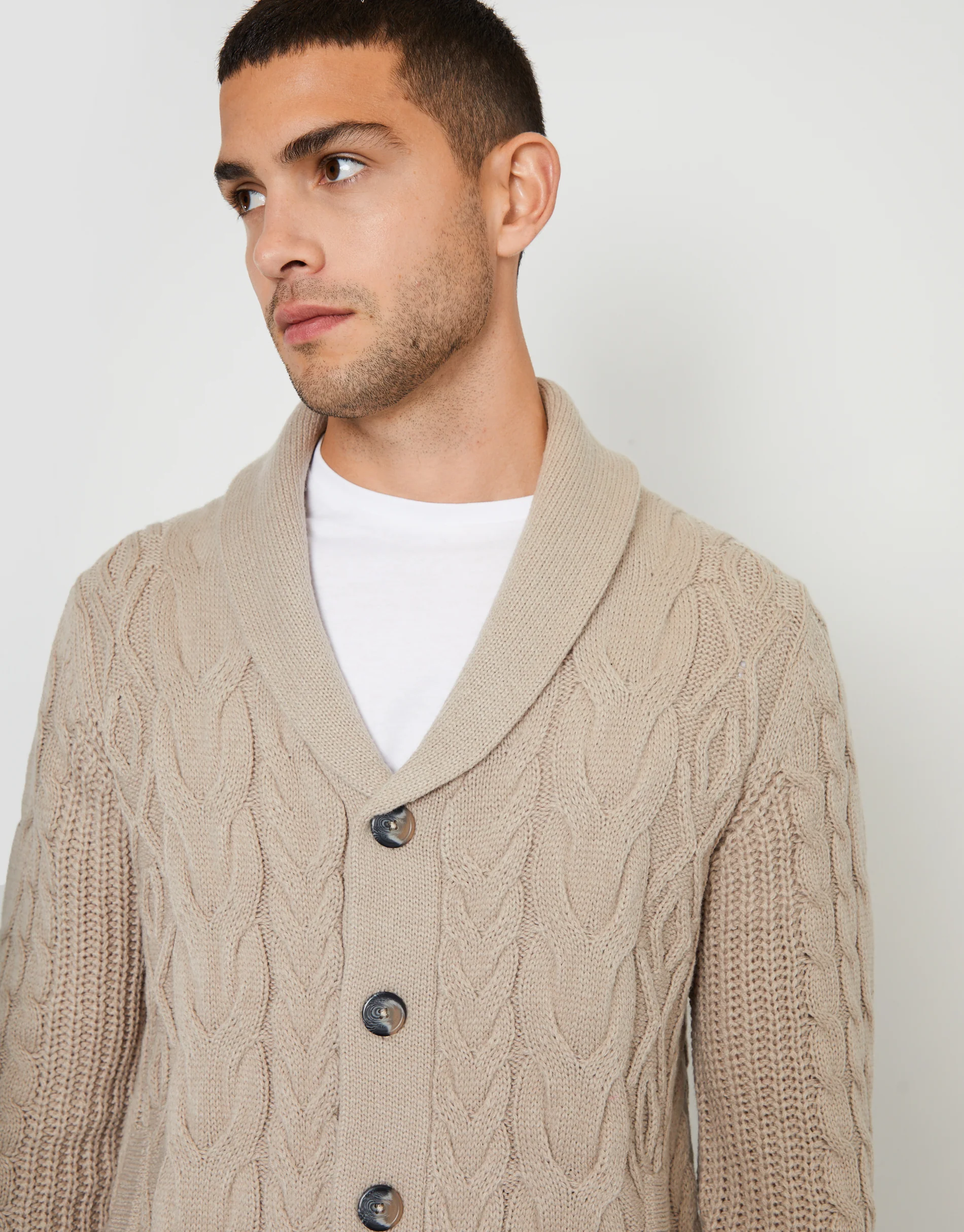 Cable Knit Shawl Cardigan in Stone - Image 4