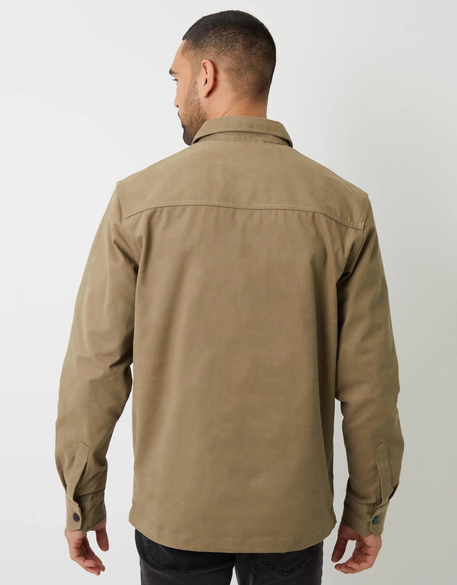 Relaxed Fit Cotton Twill Button Up Shacket in Stone - Image 2