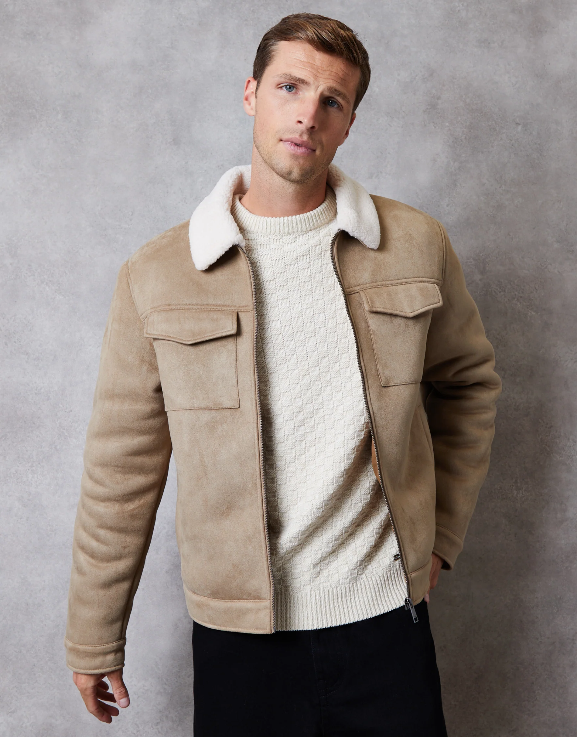 Faux Suede Borg Lined Aviator Jacket in Stone