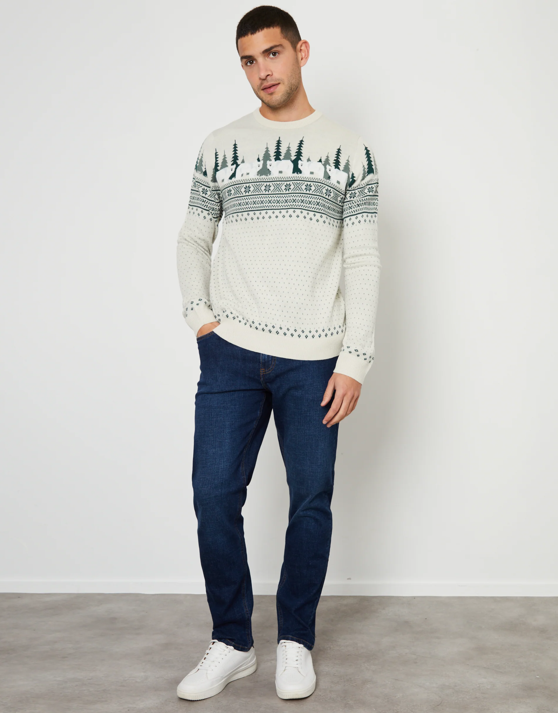 Geo Fairisle Crew Neck Christmas Jumper in Stone - Image 3