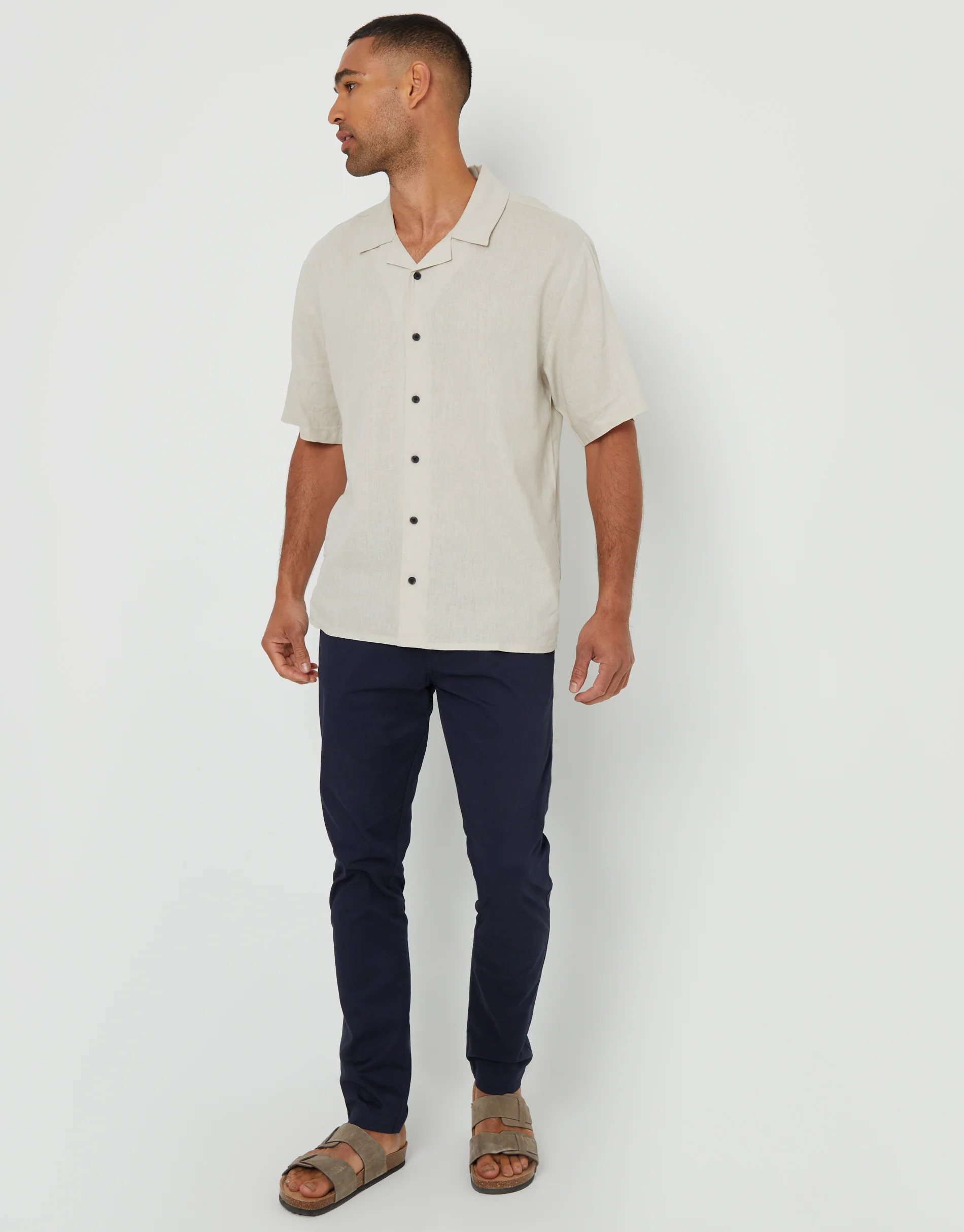 Relaxed Fit Linen Blend Revere Collar Short Sleeve Shirt in Stone - Image 3
