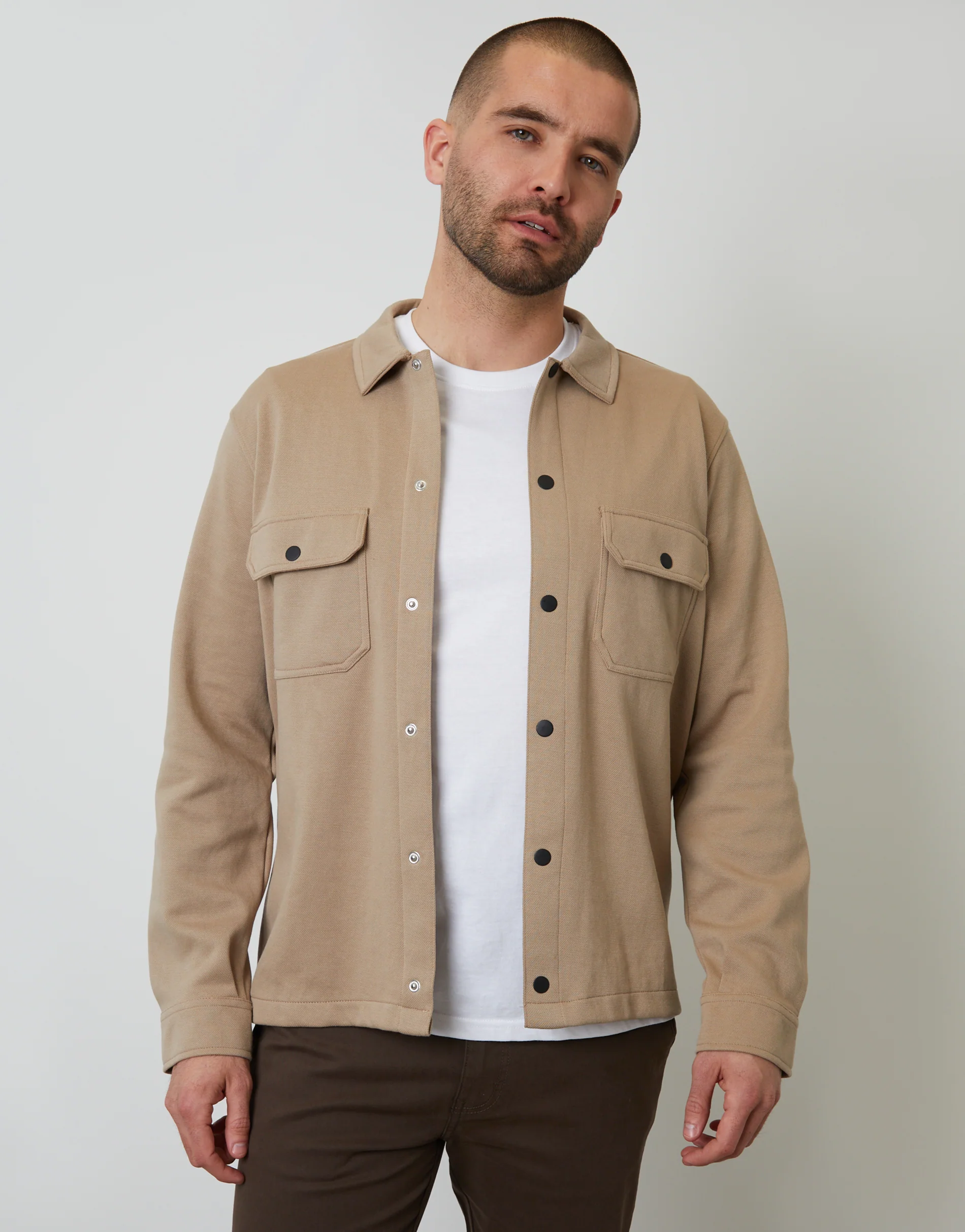 Pique Popper Fastening Shacket in Stone
