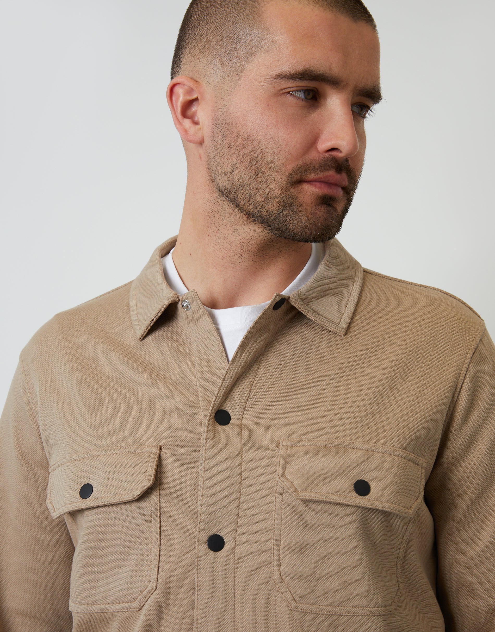 Pique Popper Fastening Shacket in Stone - Image 4