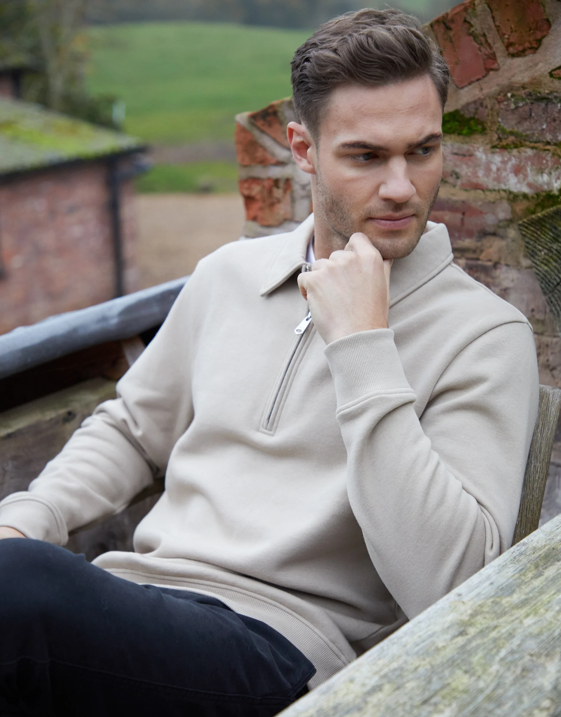 Quarter Zip Collared Sweatshirt in Stone - Image 4