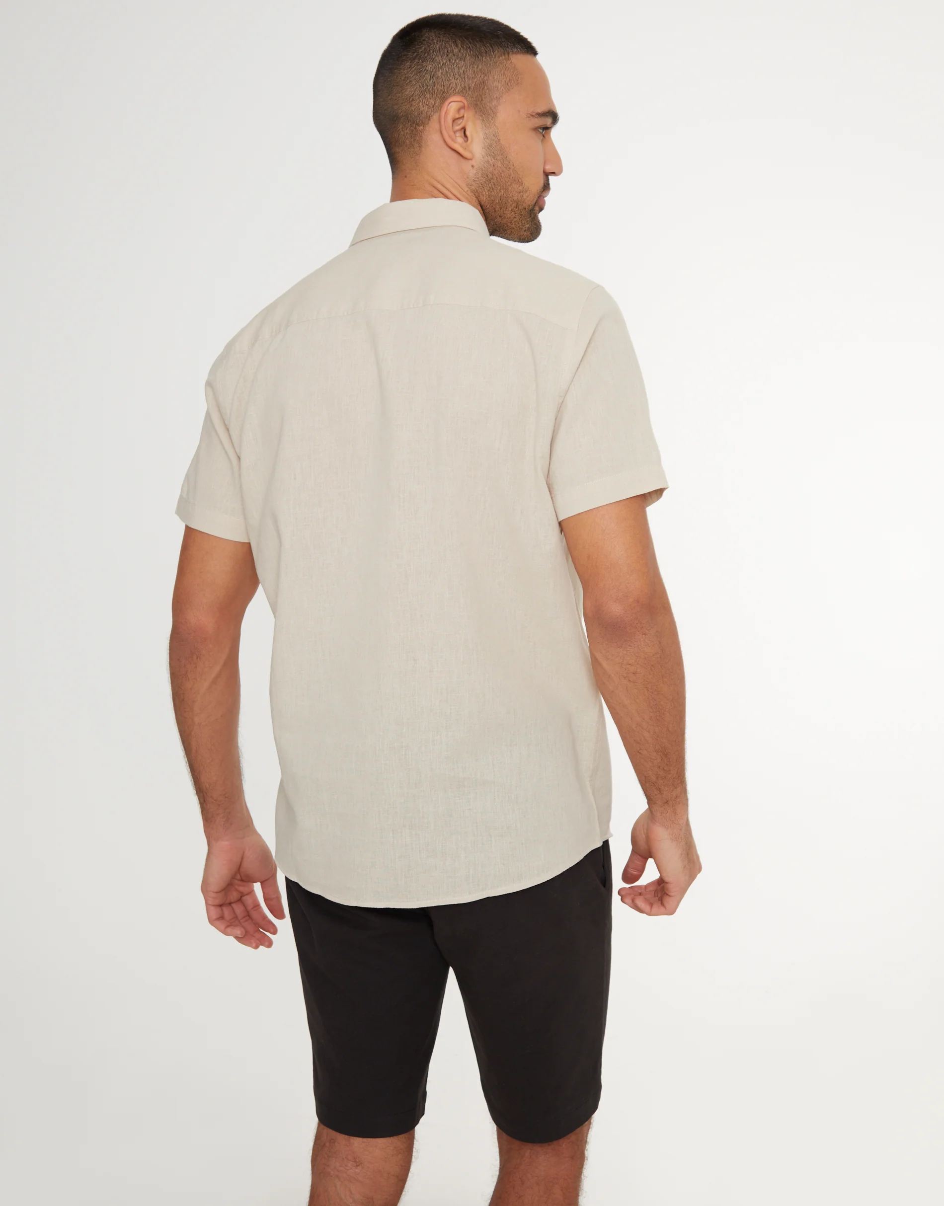 Short Sleeve Linen Blend Shirt in Stone - Image 2