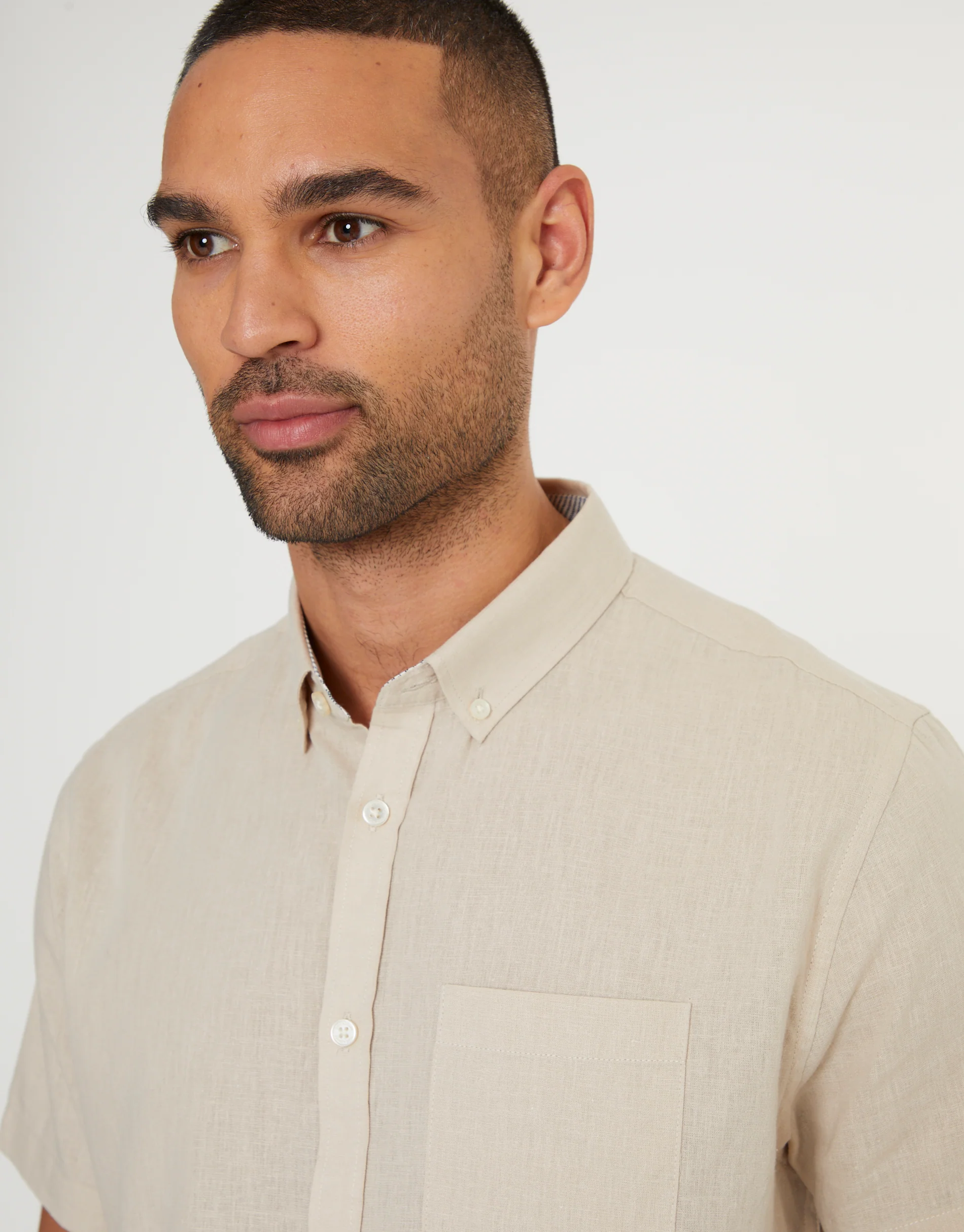 Short Sleeve Linen Blend Shirt in Stone - Image 4