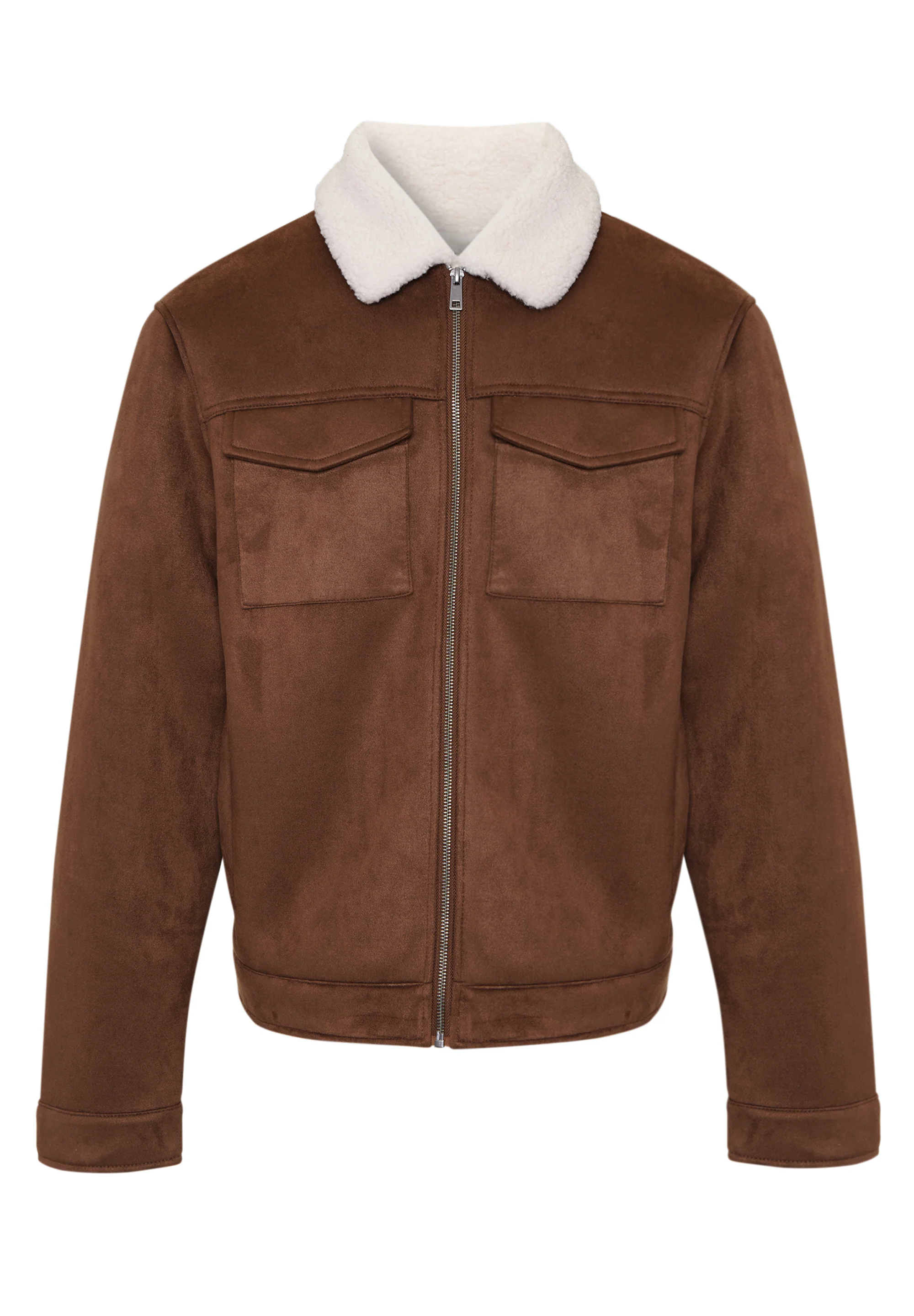 Faux Suede Borg Lined Aviator Jacket in Taupe - Image 8