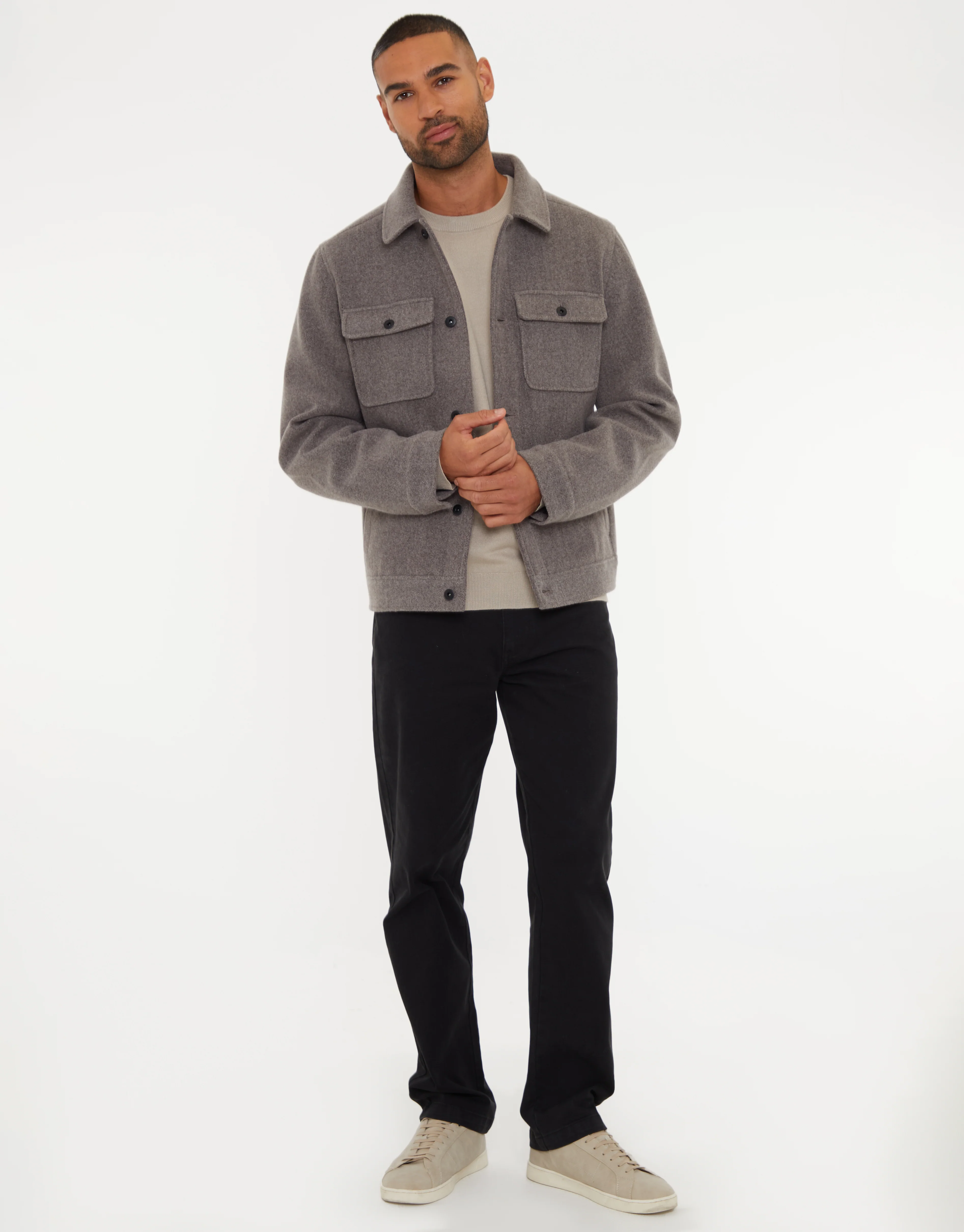 Brushed Button Up Shacket in Taupe Marl - Image 3
