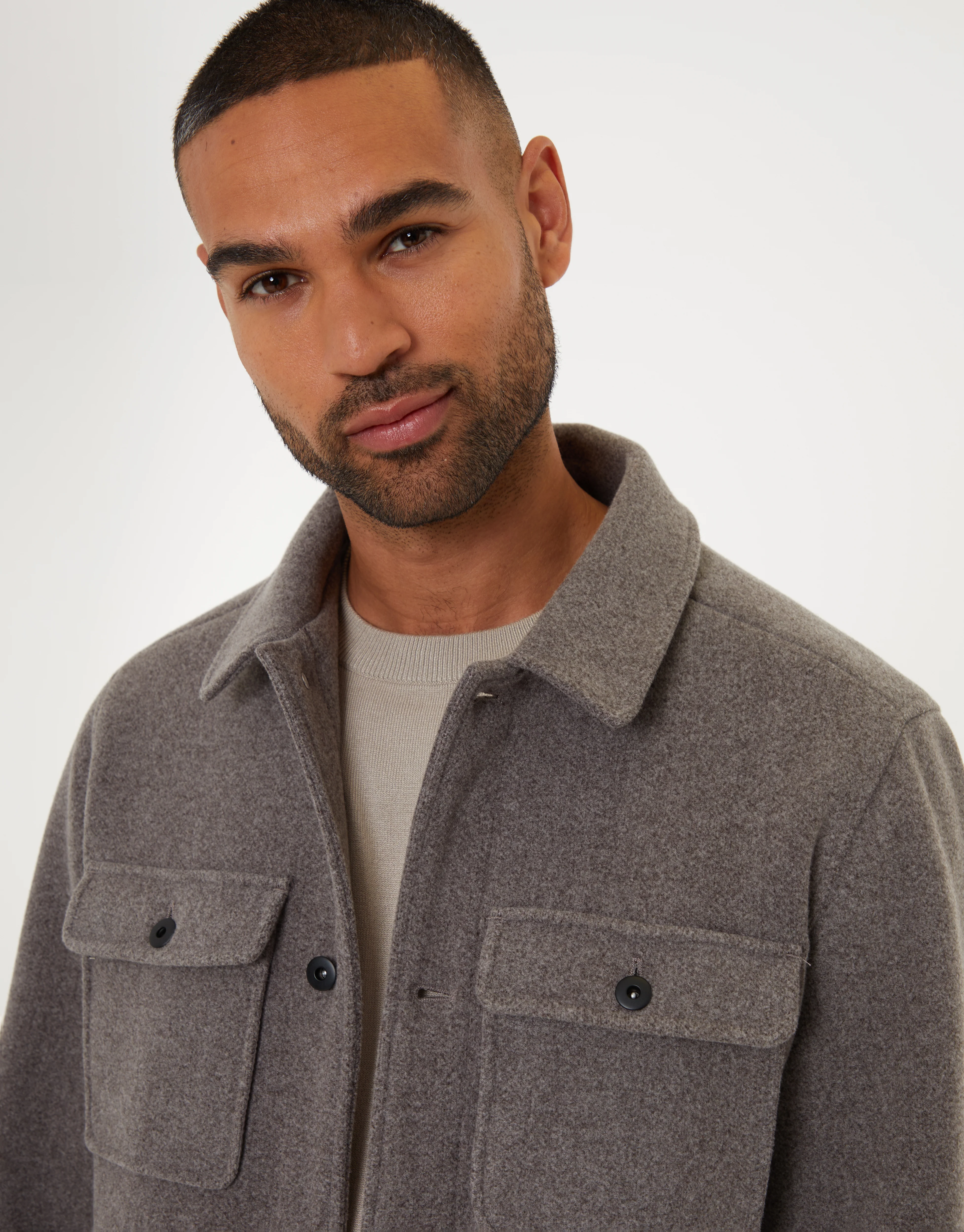 Brushed Button Up Shacket in Taupe Marl - Image 4