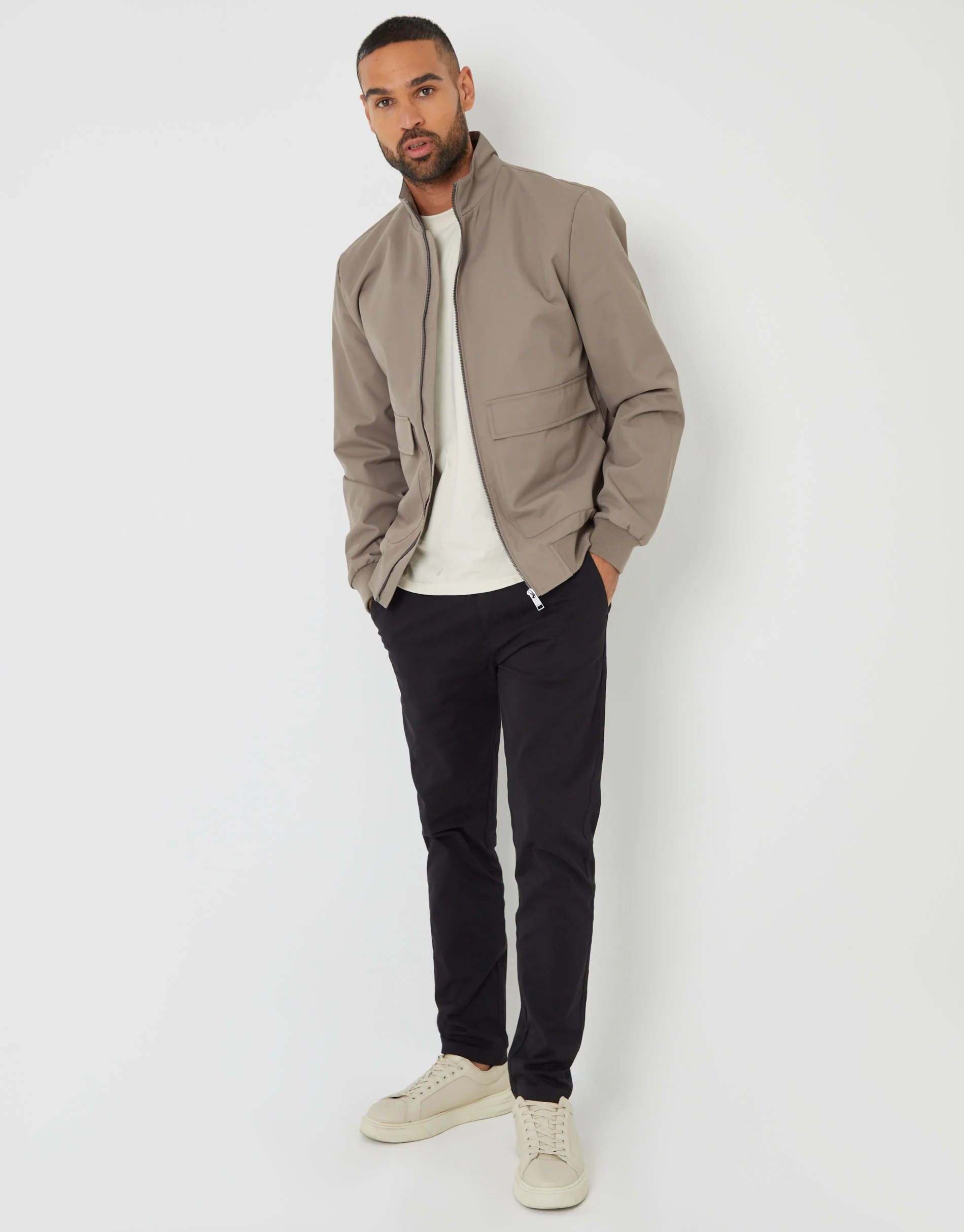 Patch Pocket Funnel Neck Harrington Style Jacket in Taupe - Image 3