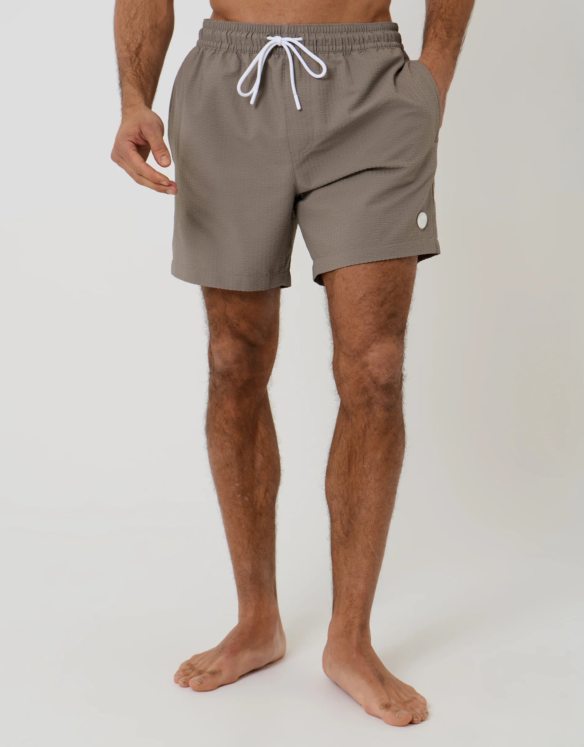 Seersucker Swim Shorts in Taupe
