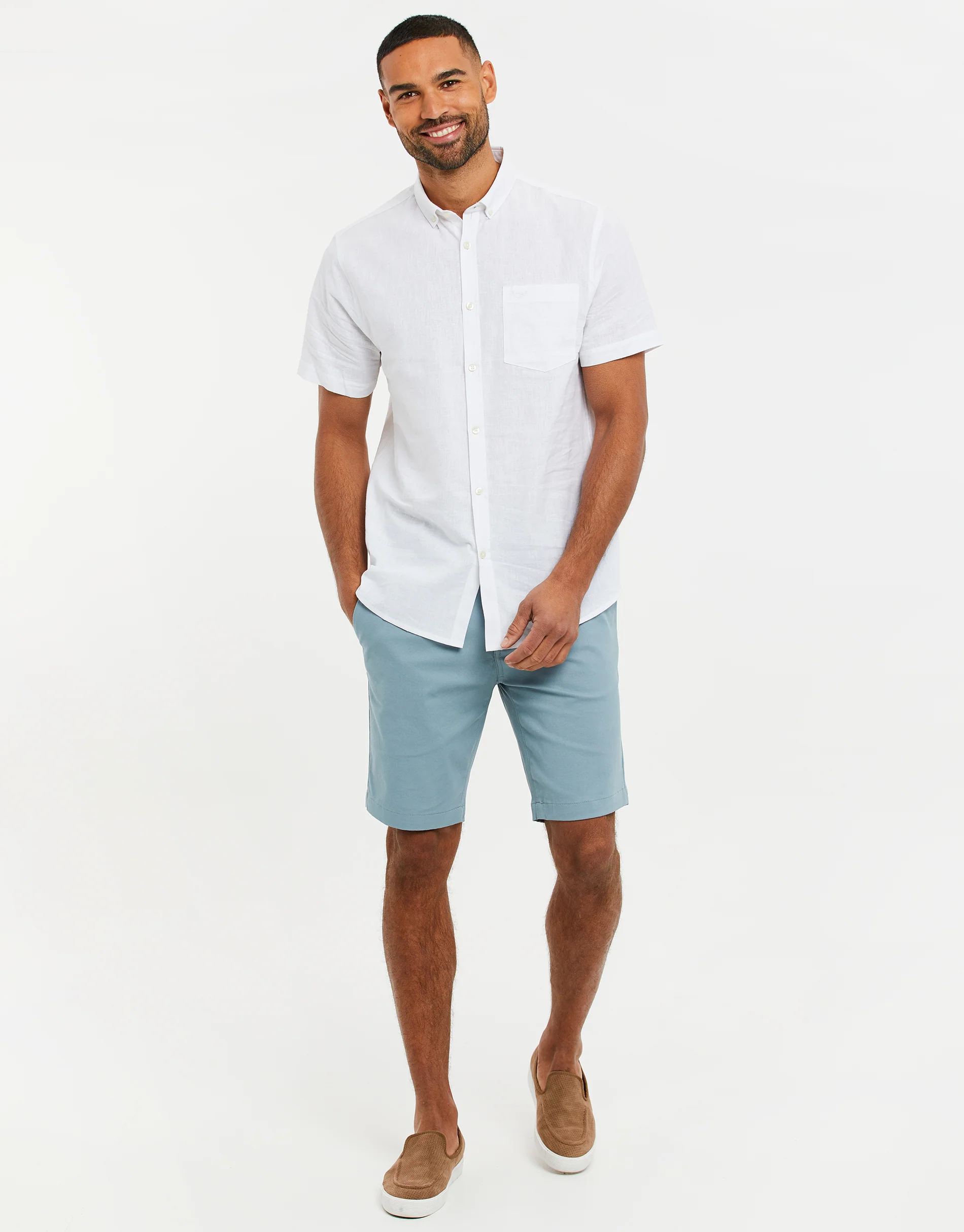 Short Sleeve Linen Blend Shirt in White - Image 3