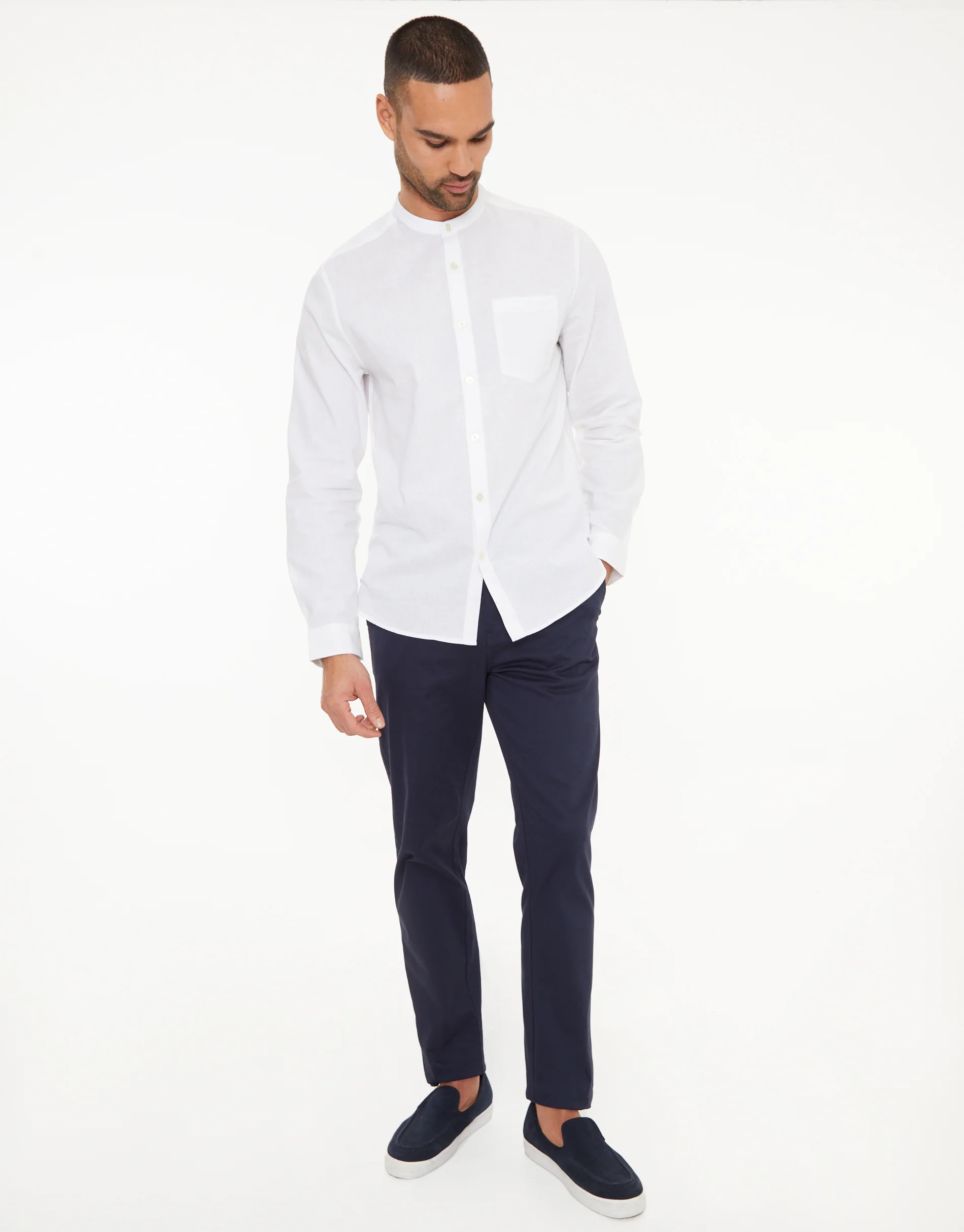 Grandad Collar Linen Blend Long Sleeve Shirt in White - Image 3