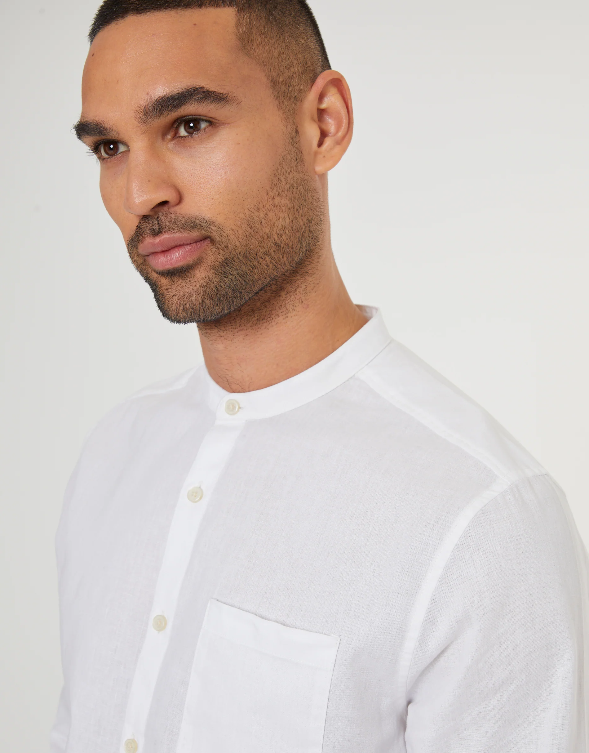 Grandad Collar Linen Blend Long Sleeve Shirt in White - Image 4