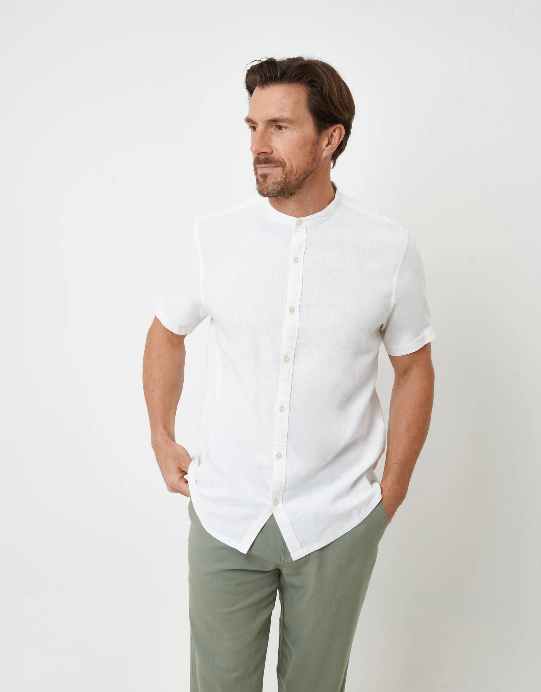 Grandad Collar Linen Blend Short Sleeve Shirt in White - Image 3