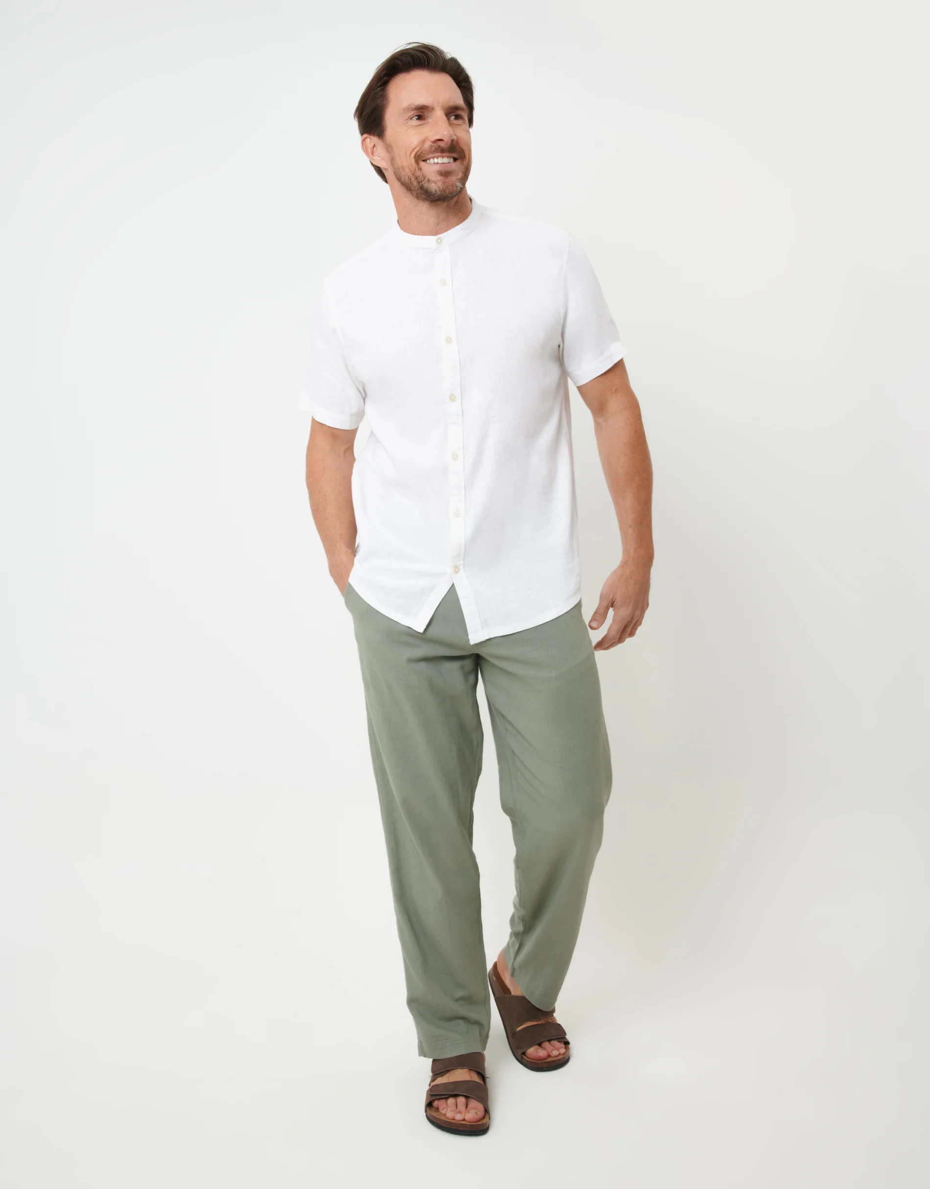 Grandad Collar Linen Blend Short Sleeve Shirt in White - Image 5