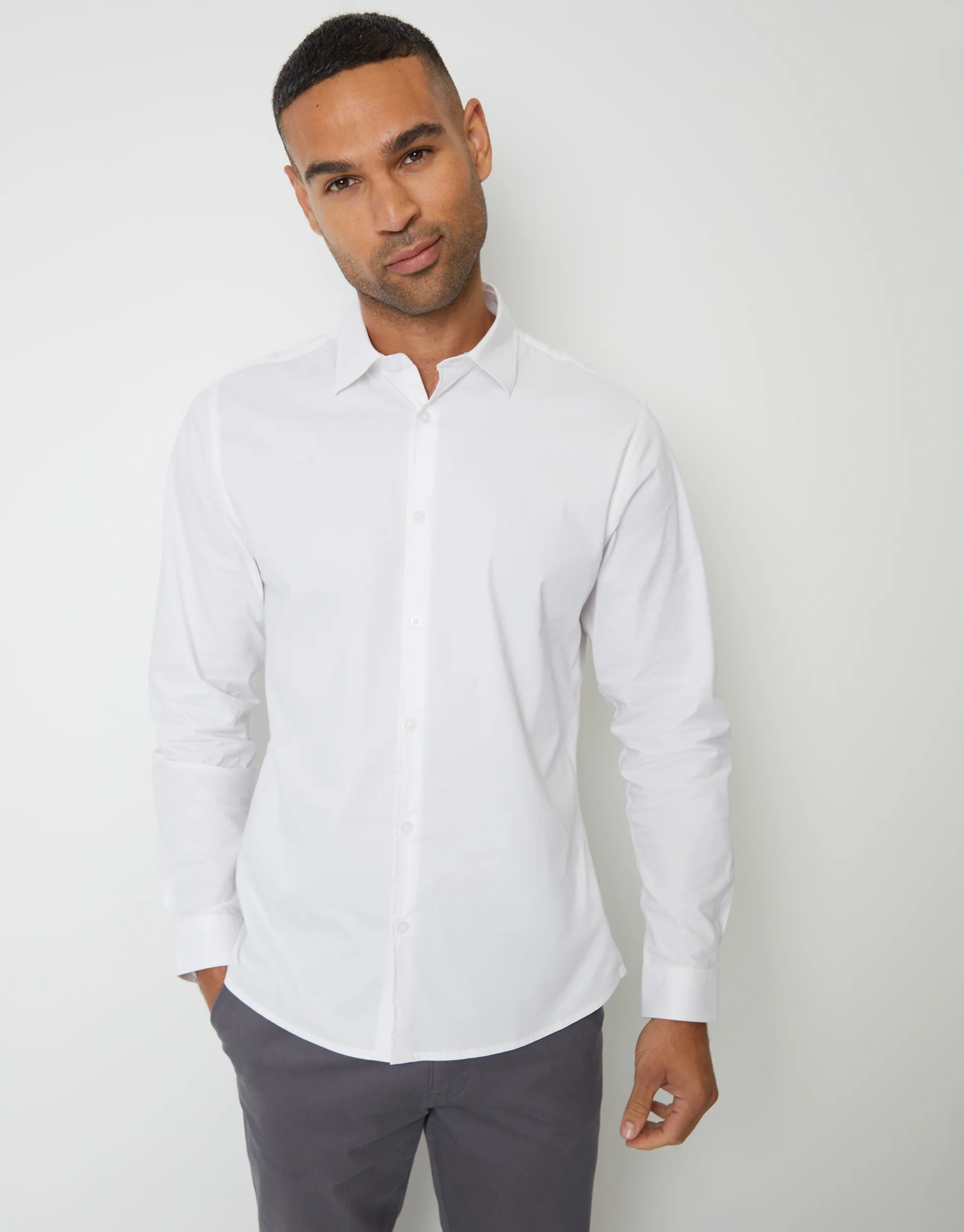 Slim Fit Stretch Cotton Poplin Long Sleeve Shirt in White - Image 2