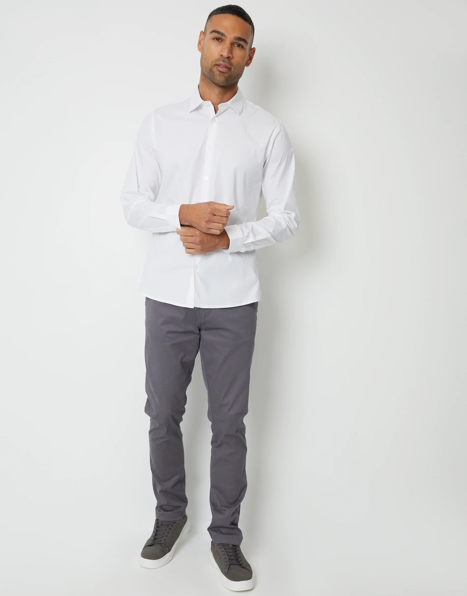 Slim Fit Stretch Cotton Poplin Long Sleeve Shirt in White - Image 4